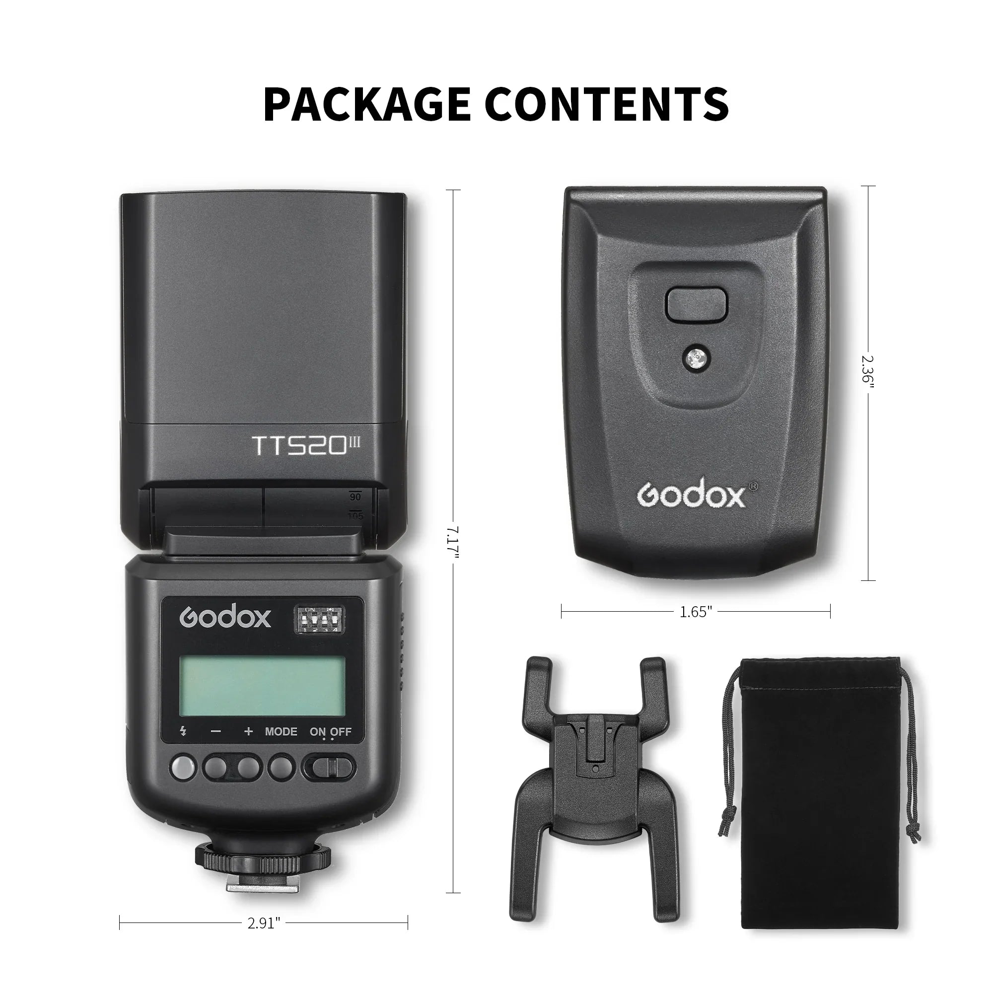 Godox TTS20III camera flash with wireless trigger, stand mount, and carrying pouch shown with dimensions