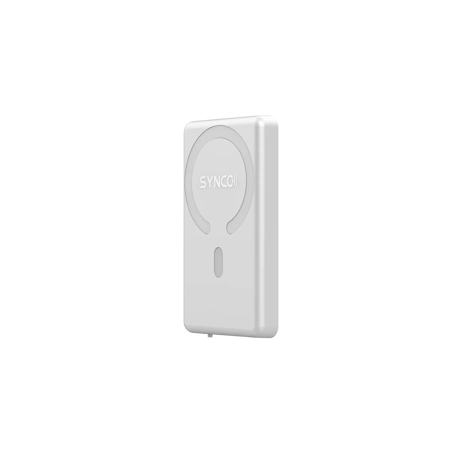 White Synco wireless device with circular design and button on front