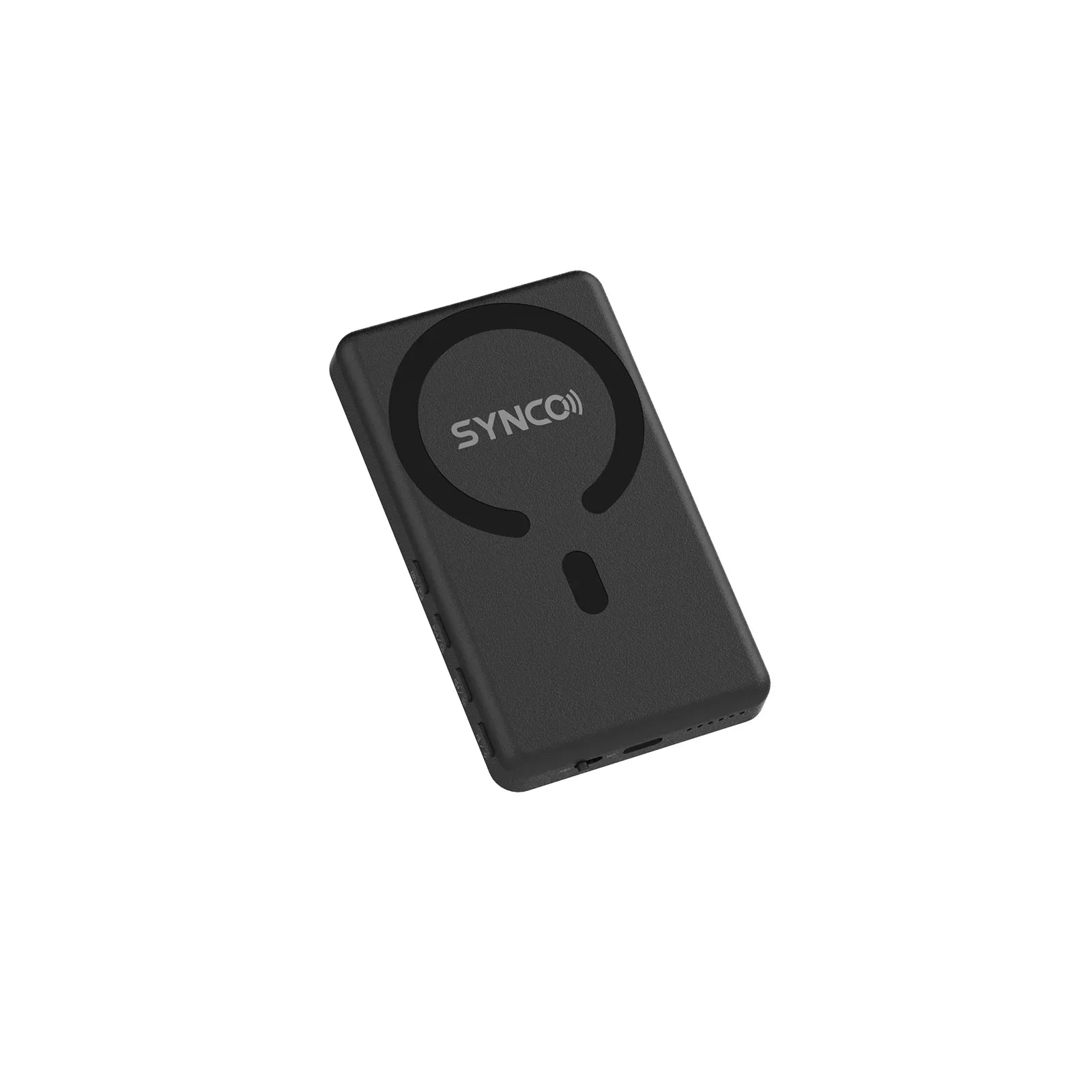 Black SYNCO wireless microphone transmitter with textured surface and side buttons