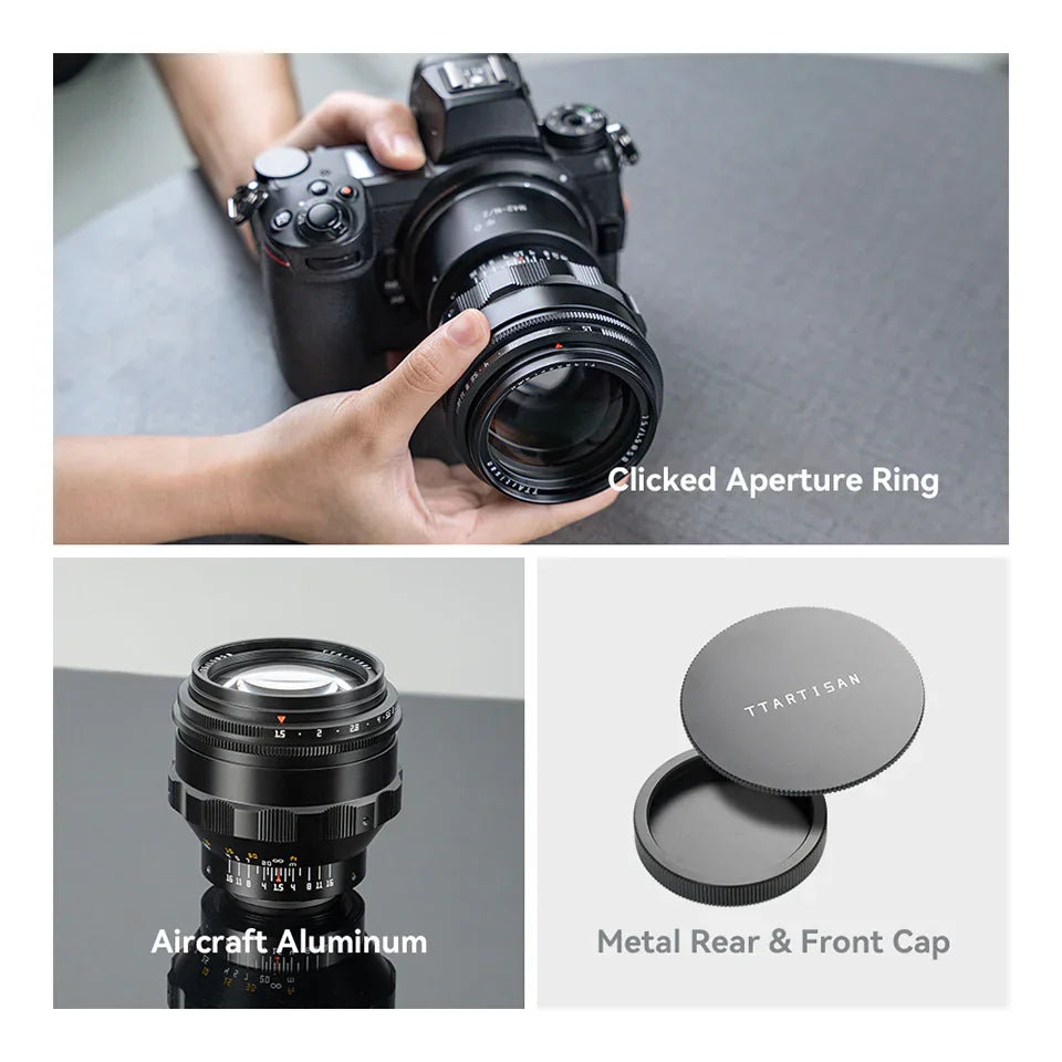 TTartisan camera lens attached to camera, showing clicked aperture ring, aircraft aluminum body, and metal lens caps