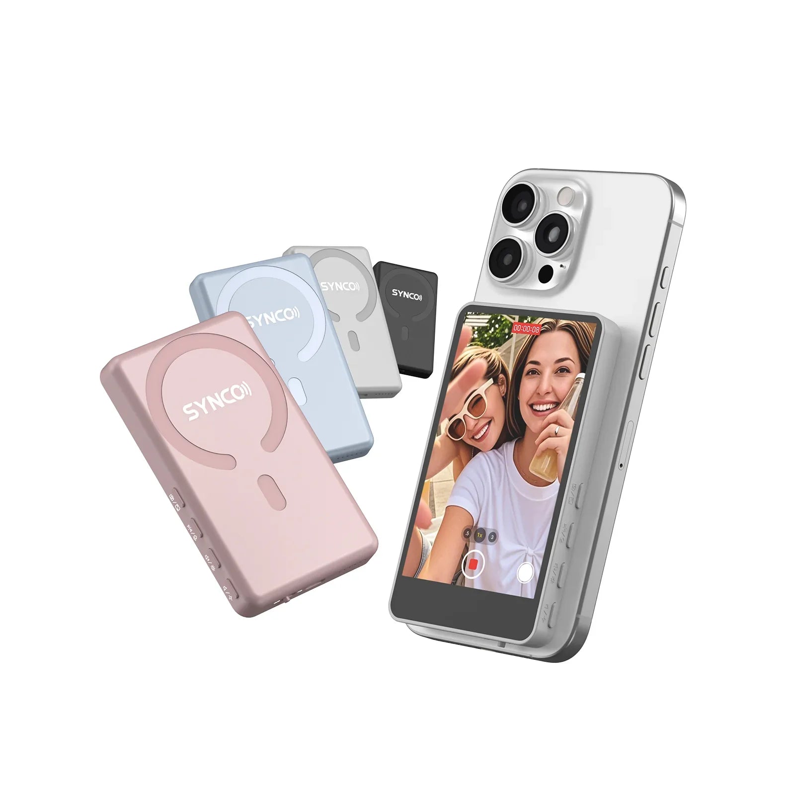 Wireless SYNCO microphone receivers in pink, blue, gray, black next to smartphone recording video