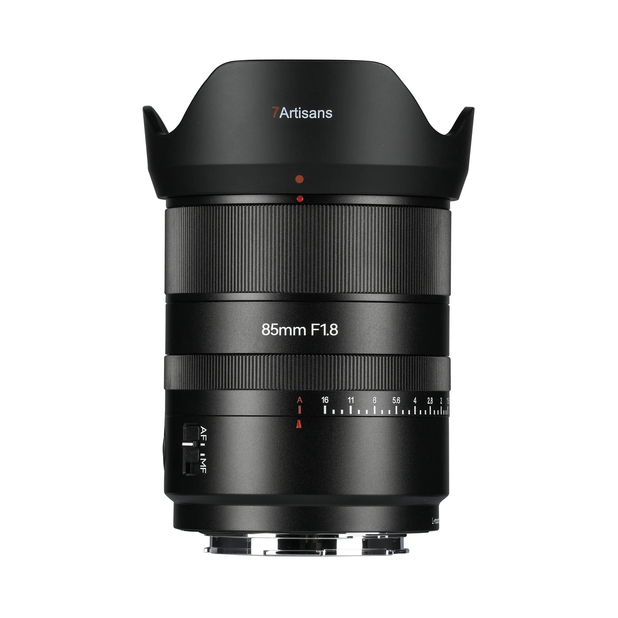 7Artisans 85mm F1.8 camera lens with aperture and focus rings on white background