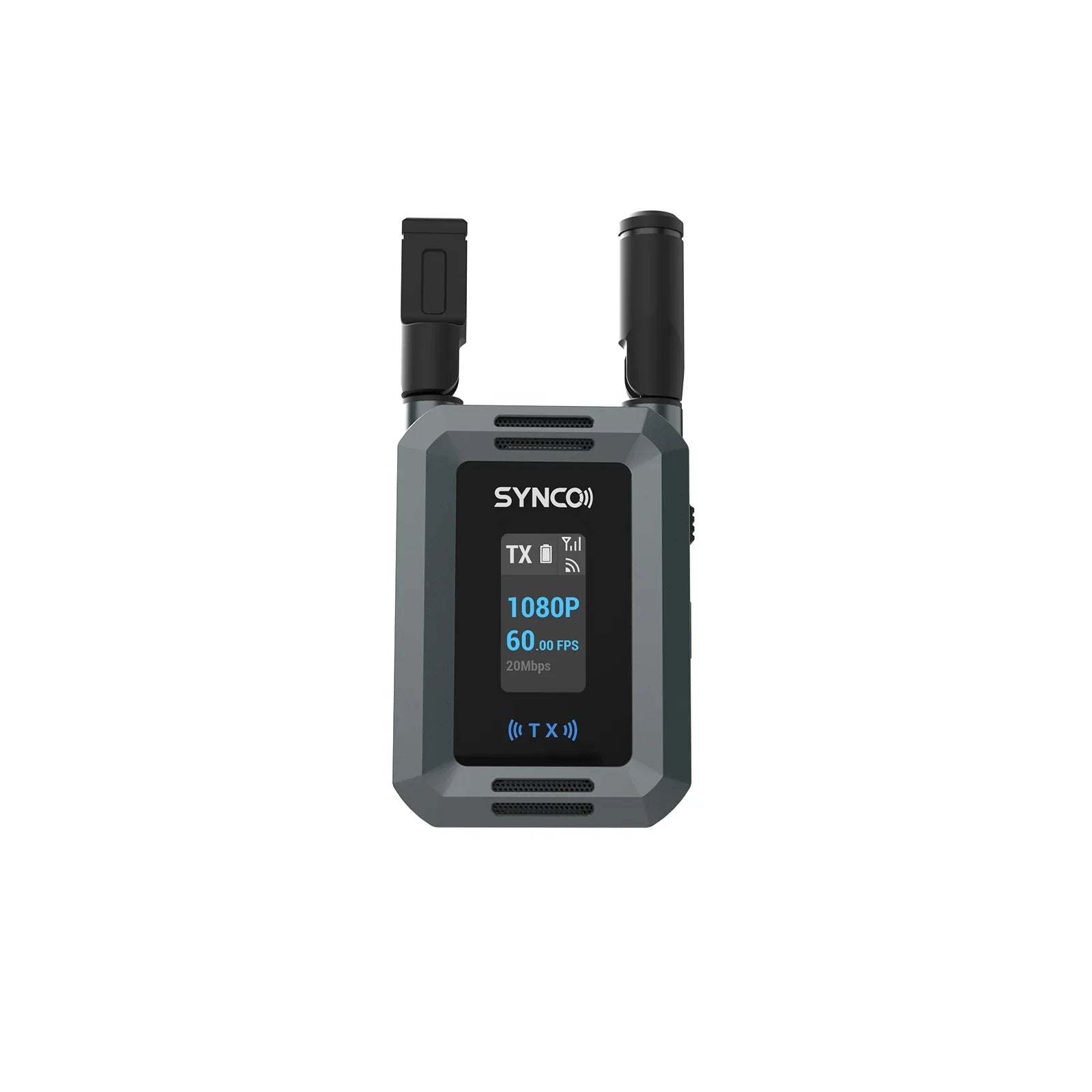 SYNCO wireless video transmitter showing 1080P 60 FPS on display with dual antennas