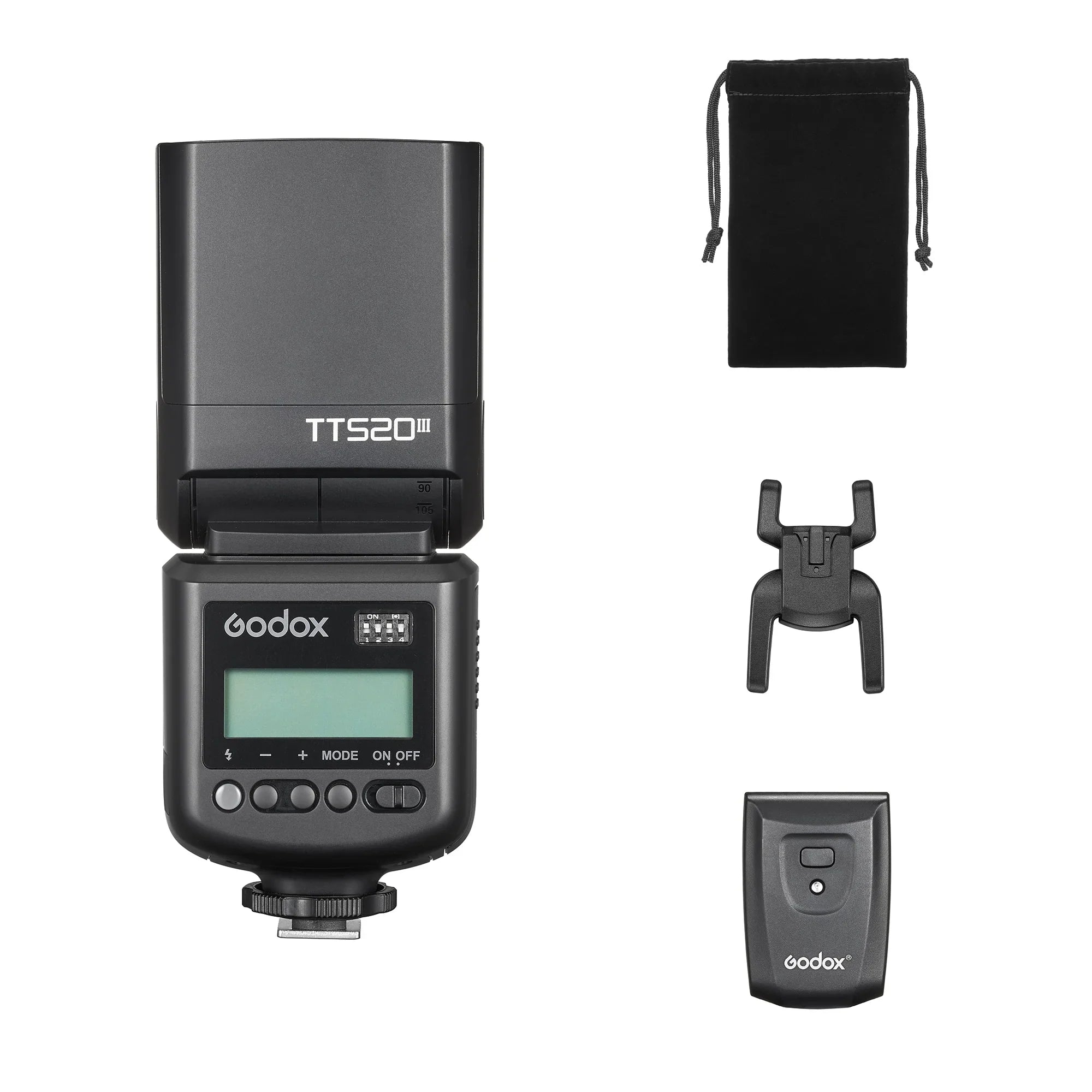 Godox TTS20 III camera flash with black carrying pouch, flash bracket, and wireless trigger on white background