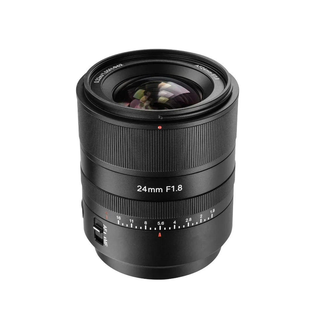 24mm f1.8 camera lens with aperture ring and autofocus/manual switch on white background