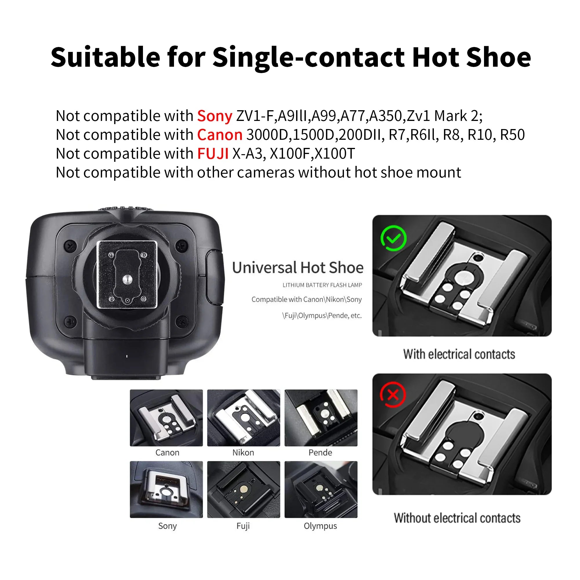 Universal hot shoe compatibility guide showing electrical contacts and camera brands Canon, Nikon, Sony, Fuji, Olympus
