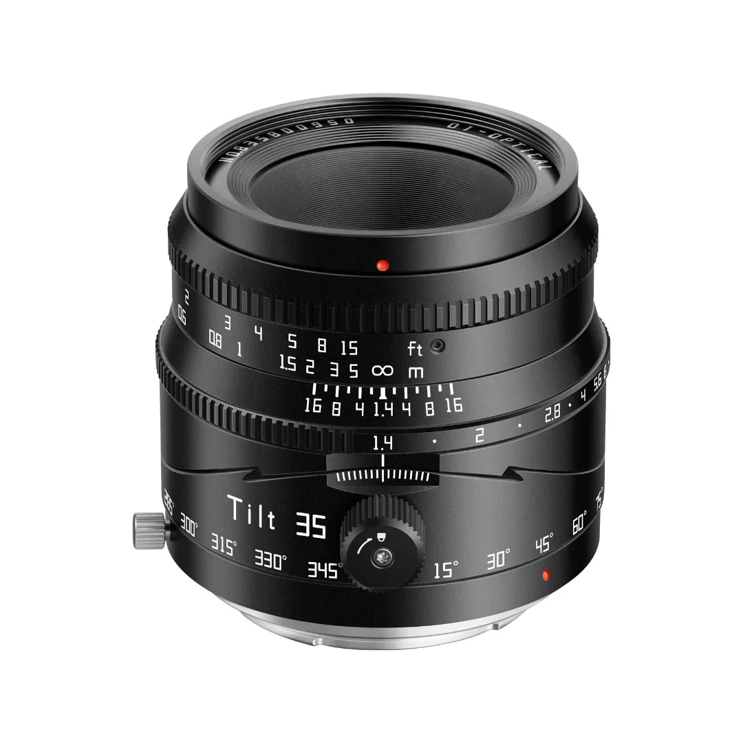 Black Tilt 35mm camera lens with focus and aperture rings, white markings on a white background