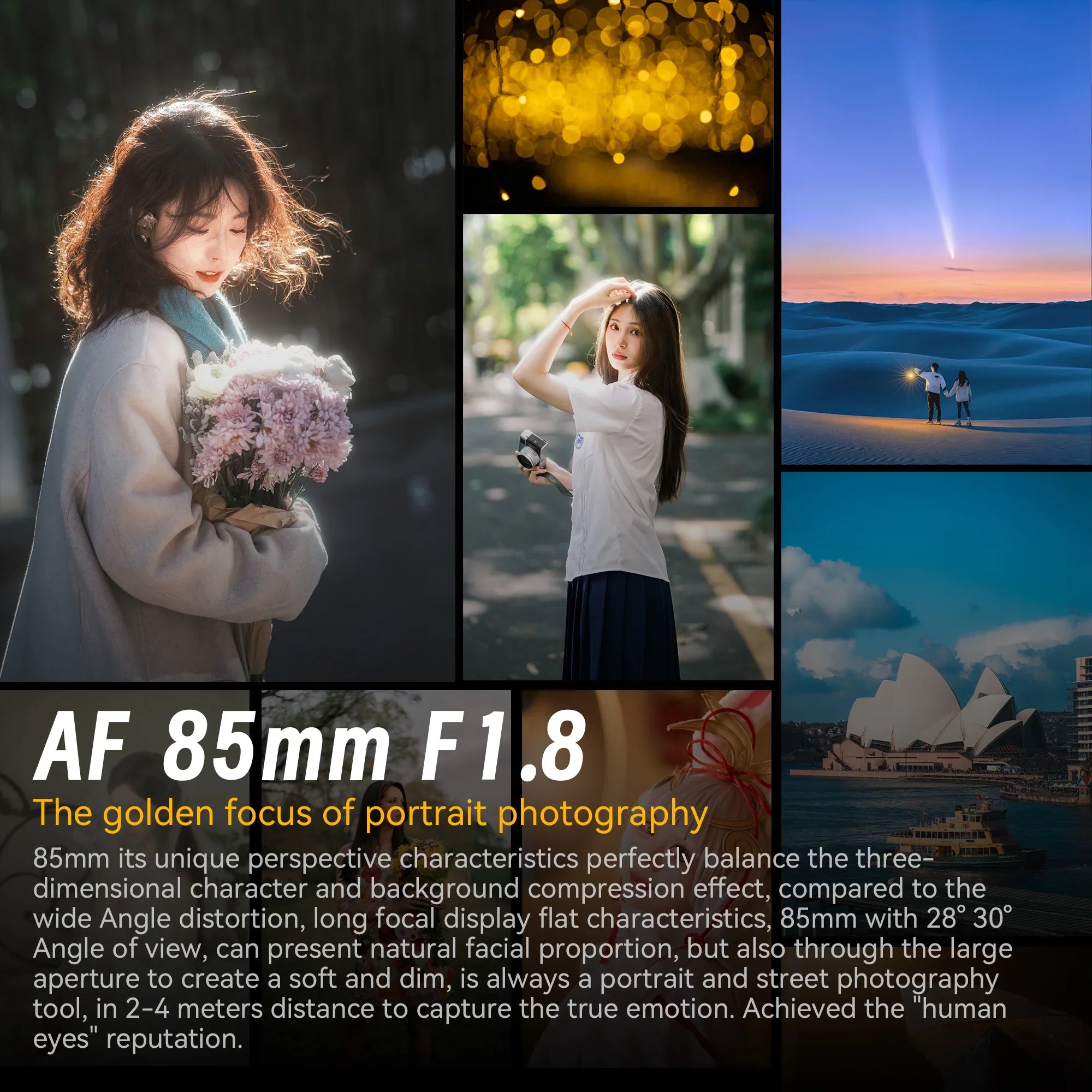 Collage showcasing portrait and landscape photos highlighting AF 85mm F1.8 lens for sharp, natural images