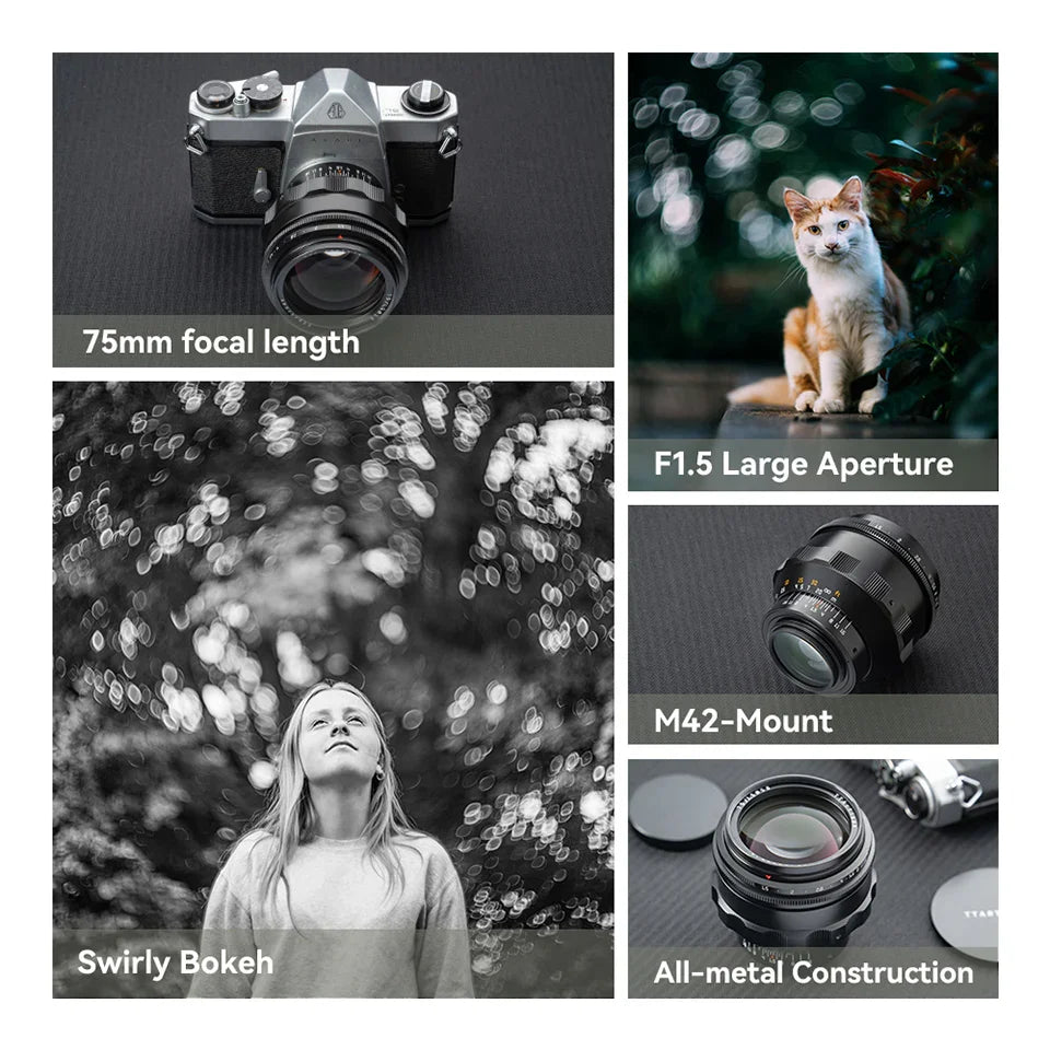Vintage 75mm lens with F1.5 large aperture, M42 mount, metal construction, and swirly bokeh portrait