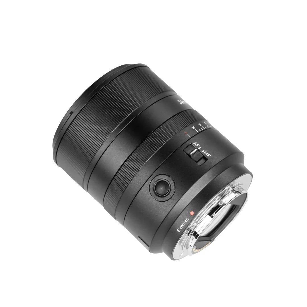 Black camera lens with autofocus and manual focus switch, E-mount, aperture ring, and focus button