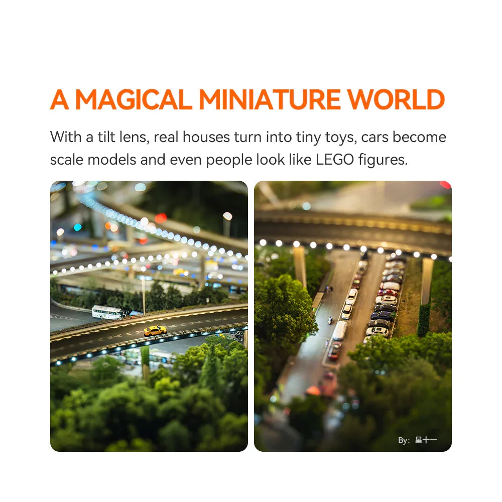 Tilt-shift miniature effect on city highways showing tiny cars and greenery under bright lights