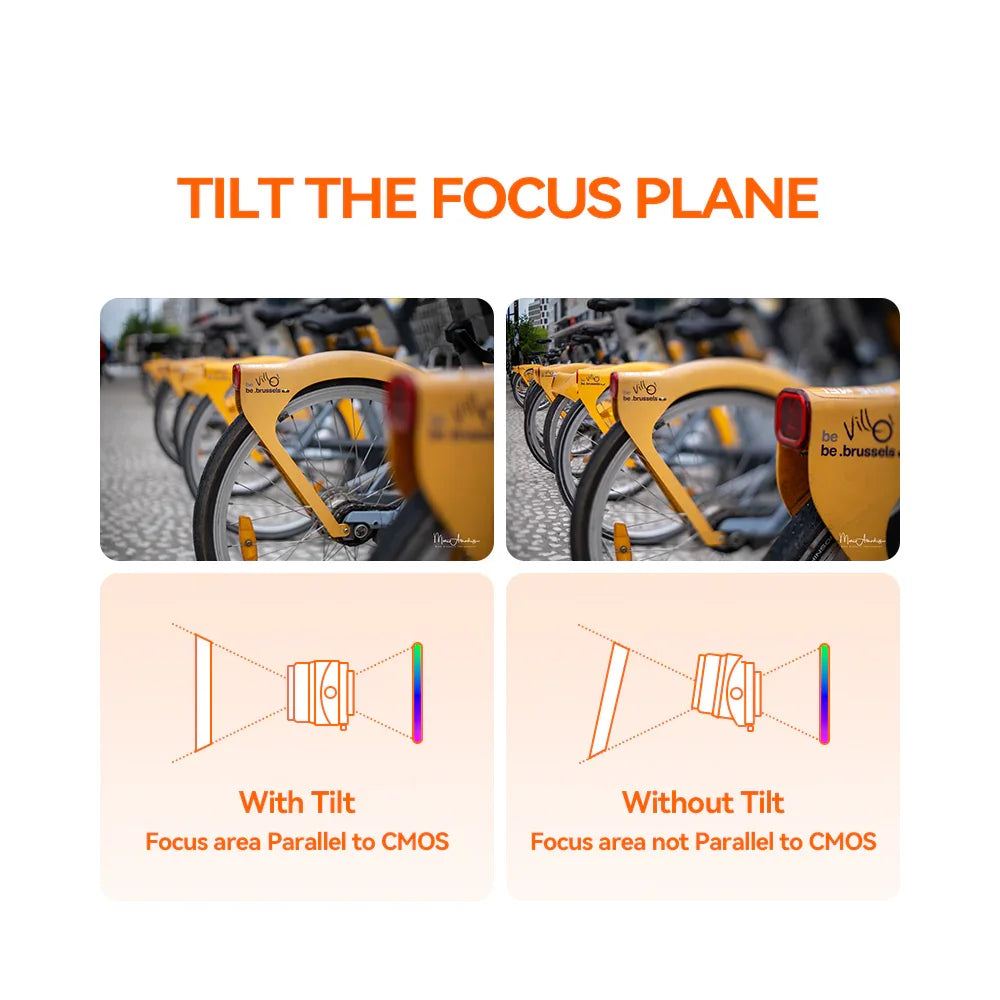 Comparison of two images showing yellow Villo Brussels bikes with tilt focus plane and diagrams illustrating tilt vs no tilt focus