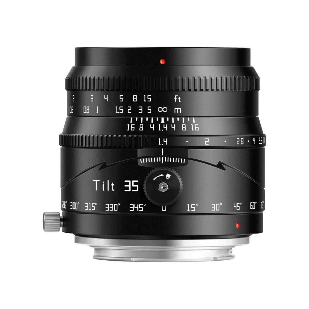 Black 35mm tilt-shift camera lens with aperture and focus distance markings on white background