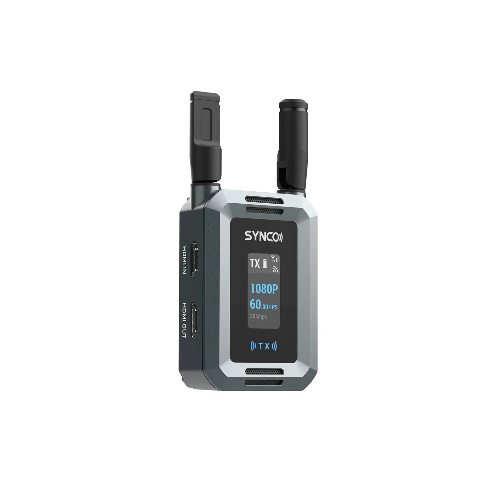 SYNCO wireless video transmitter with dual antennas, 1080p 60fps display, HDMI input and output ports