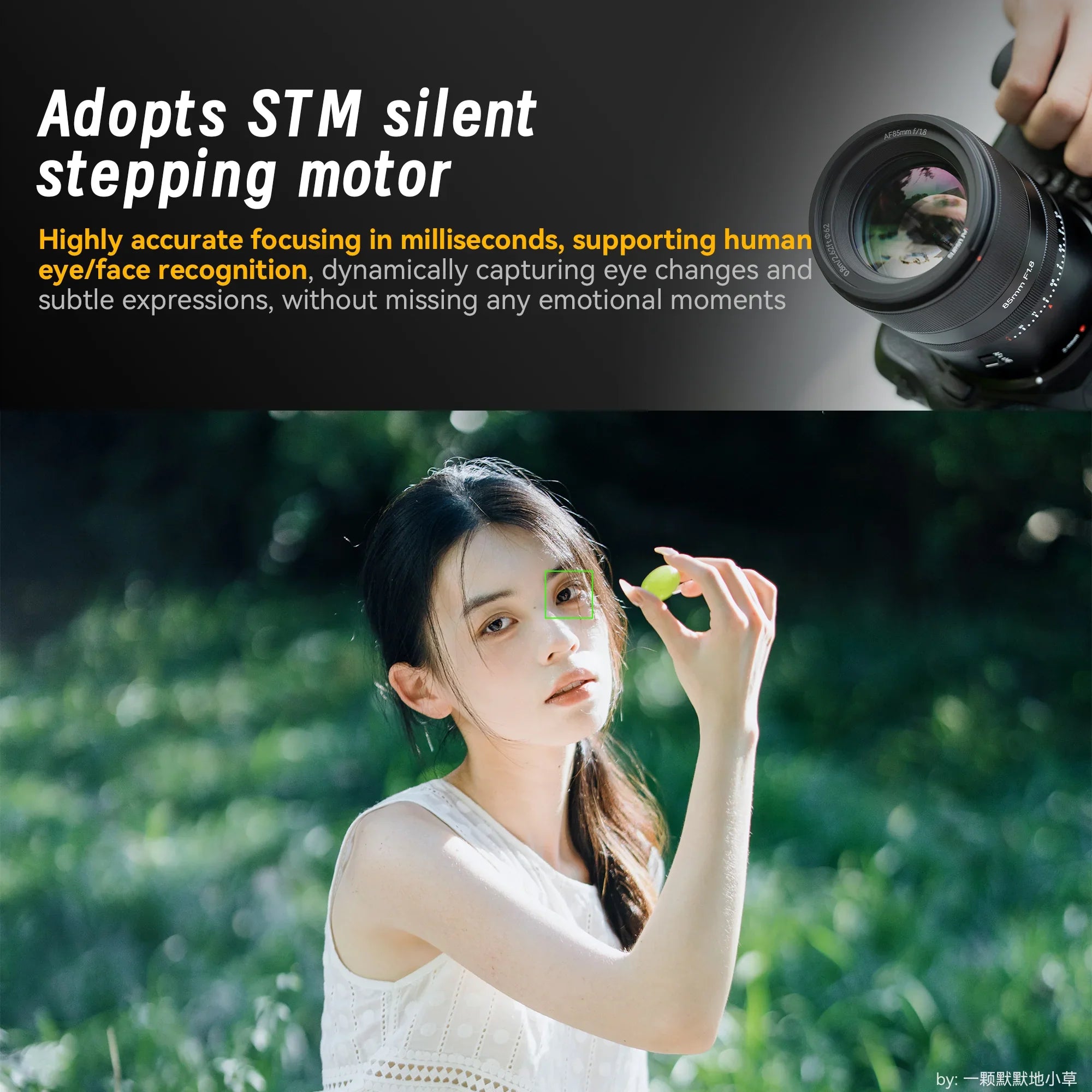Camera with STM silent stepping motor focusing on a woman holding a green grape outdoors
