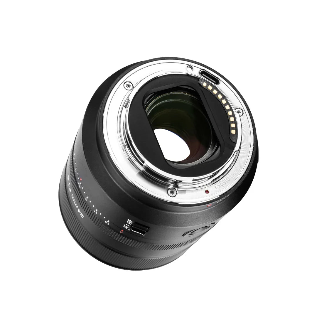 Black 24mm F1.8 camera lens with metal mount and autofocus/manual focus switch