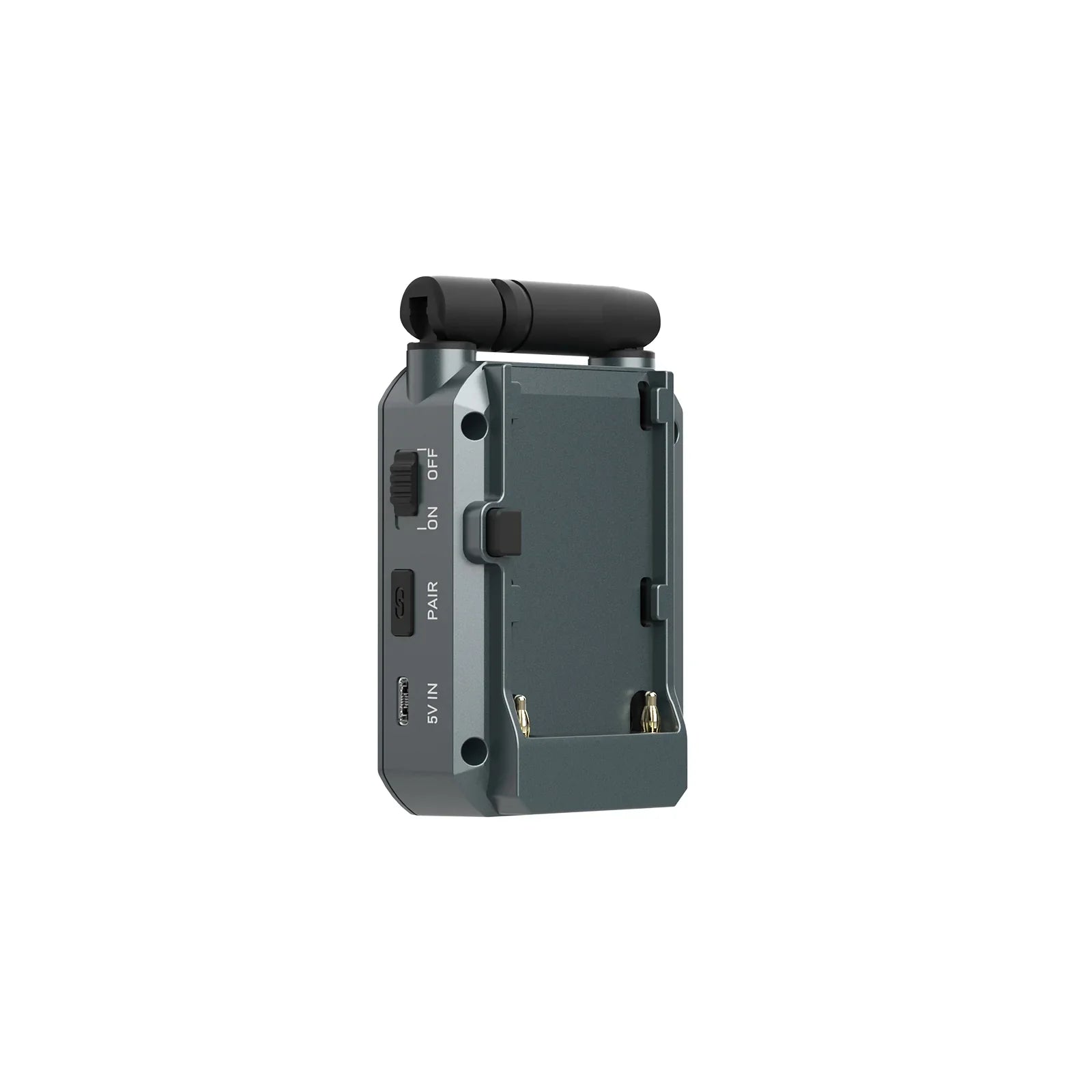 Compact wireless transmitter with antenna, on/off switch, and 5V input on gray device