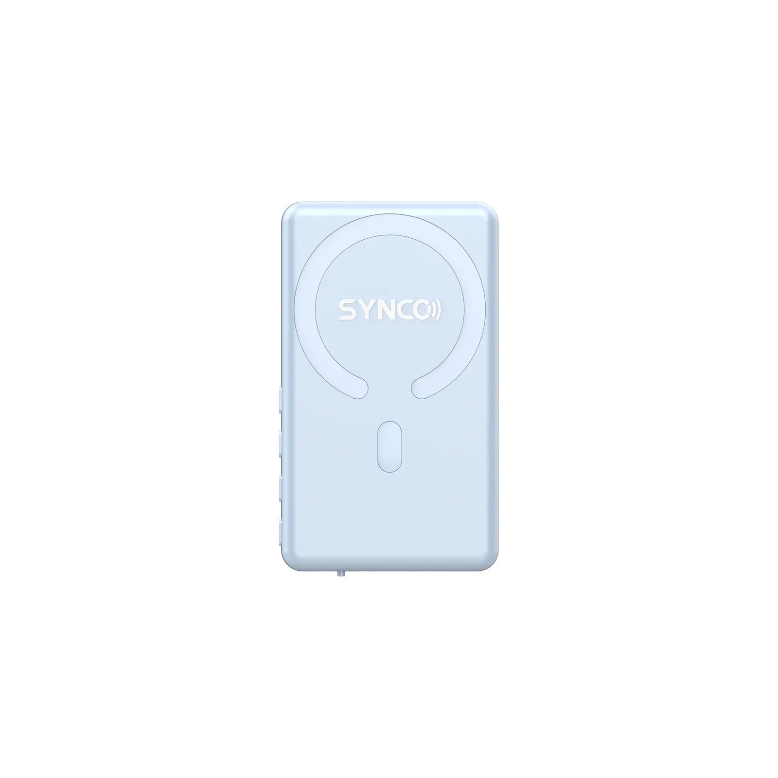 Light blue SYNCO wireless microphone transmitter with sleek rectangular design
