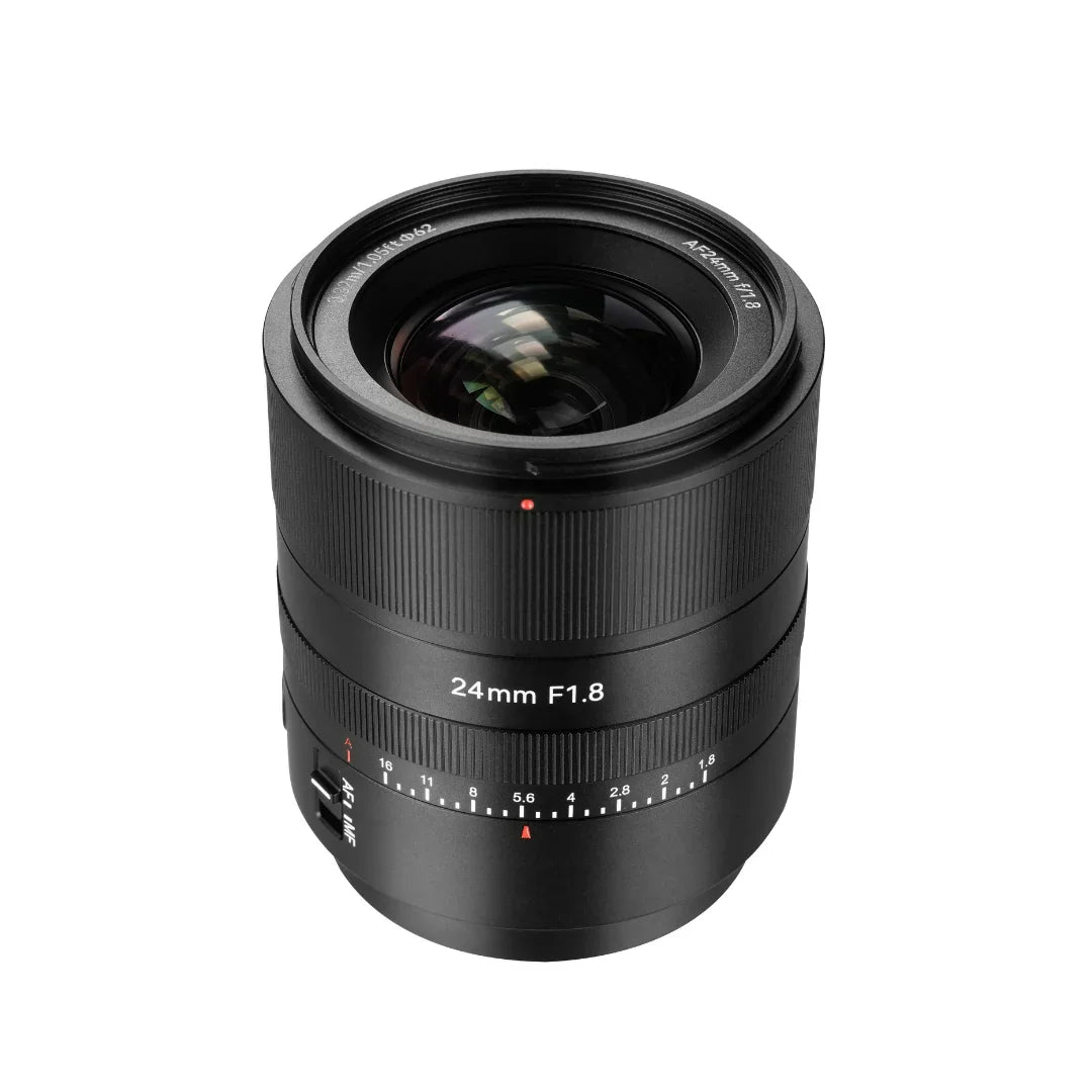 Black 24mm F1.8 camera lens with focus and aperture rings on white background