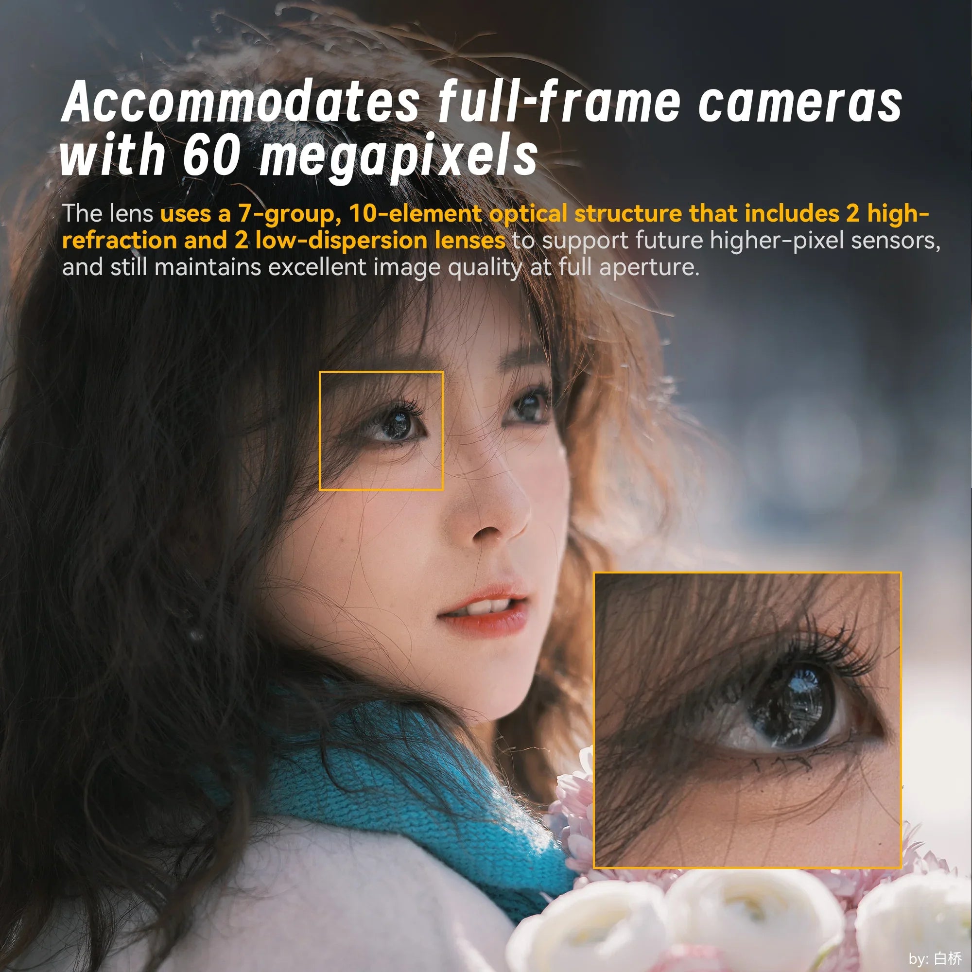Close-up portrait of woman with curly hair wearing blue scarf holding white flowers, showcasing 60MP full-frame camera lens detail