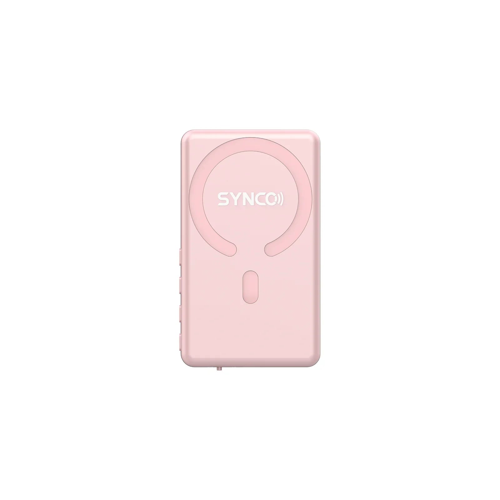 Pink SYNCO wireless audio transmitter with minimalistic design on white background