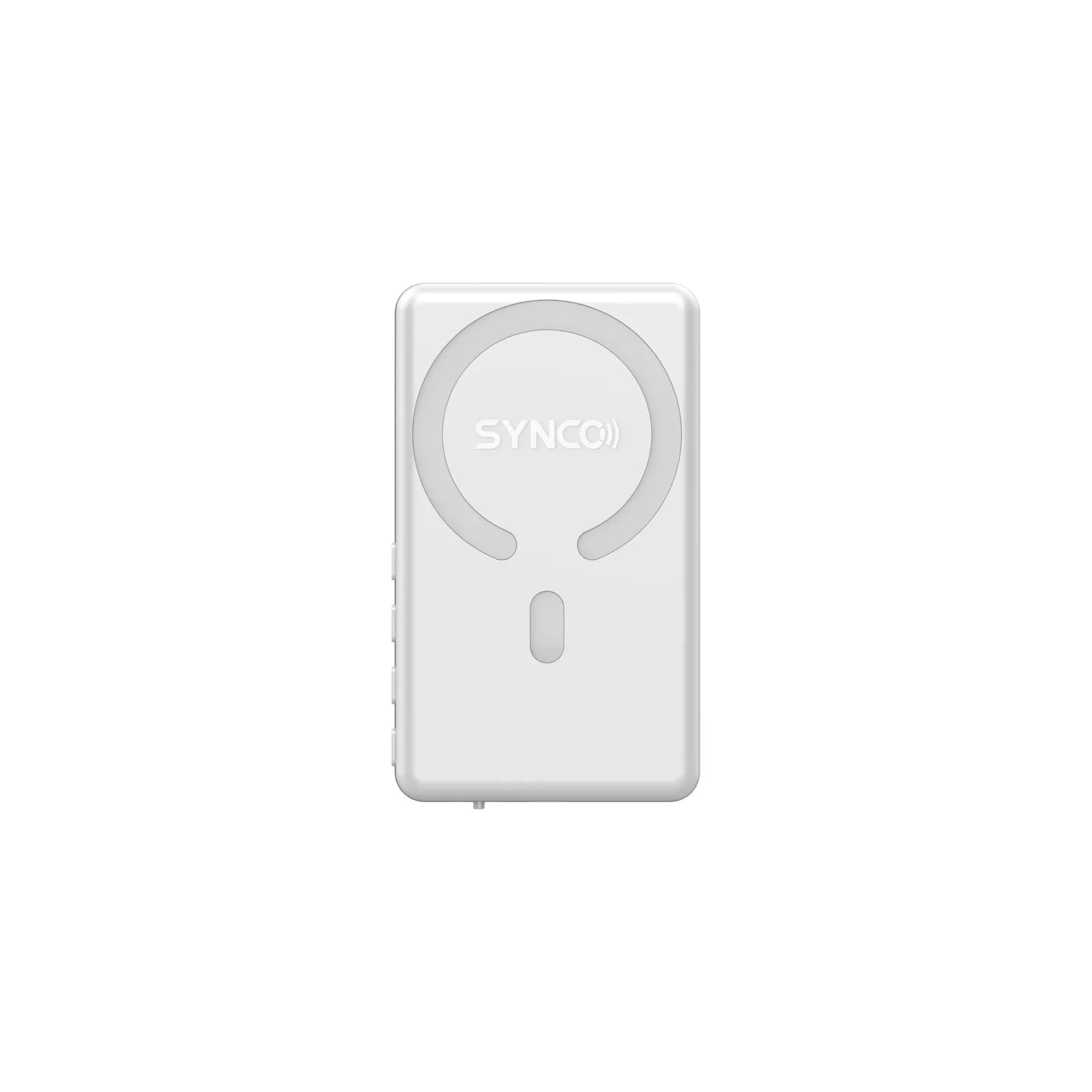 White SYNCO wireless microphone transmitter with circular LED indicator and buttons on the side