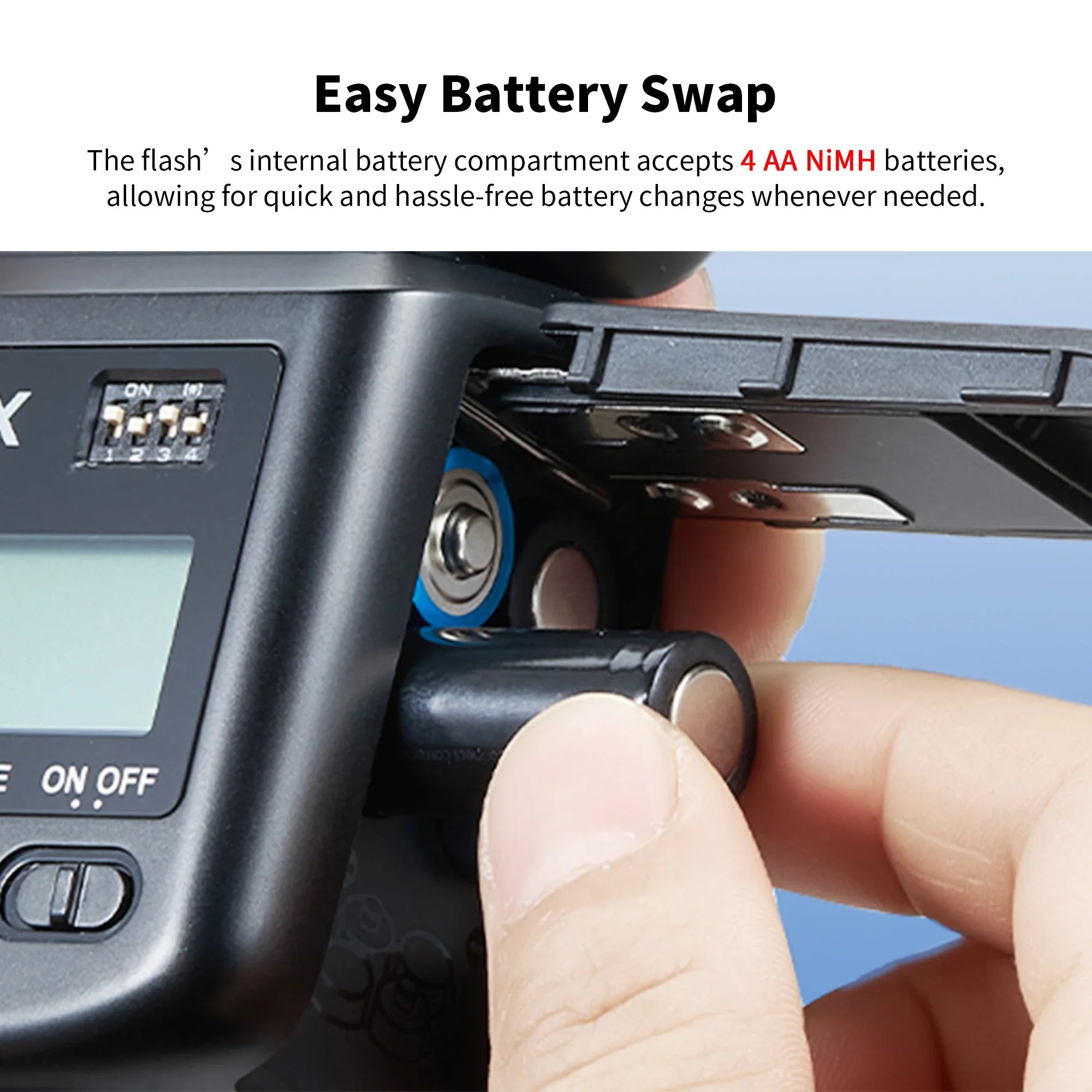 Hand inserting AA NiMH battery into black electronic device battery compartment with open cover