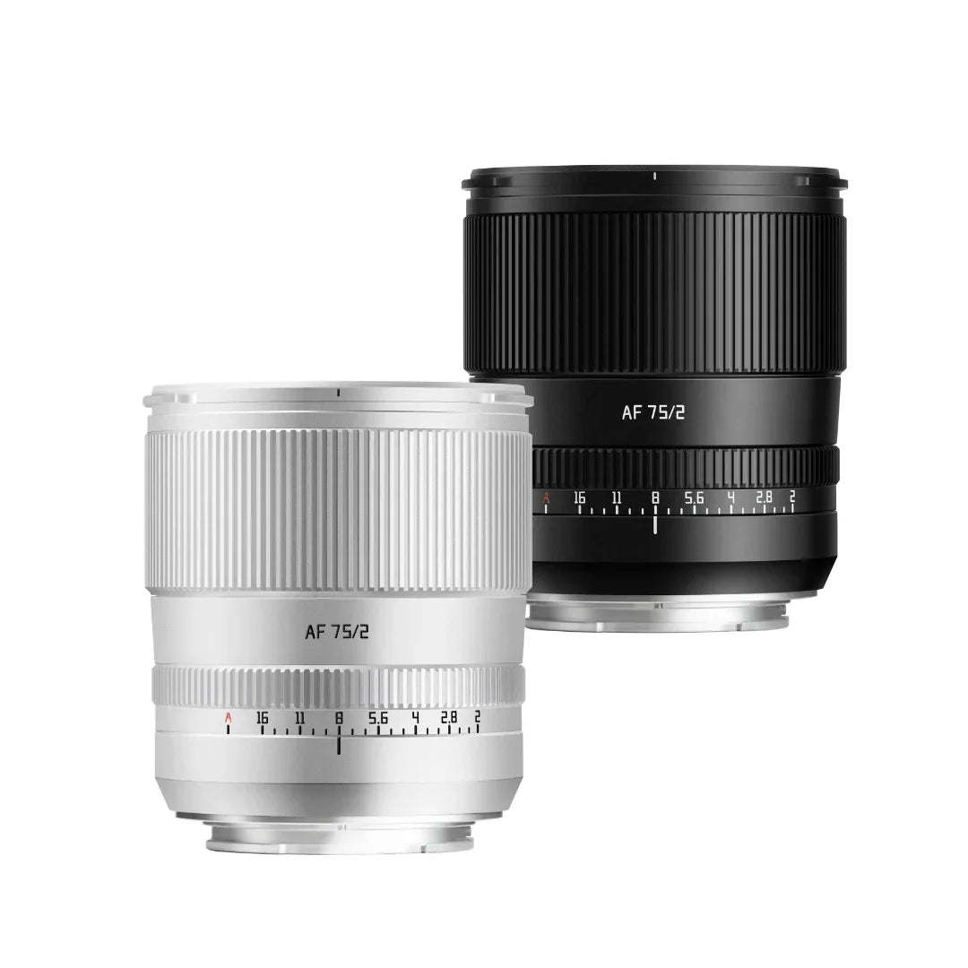 Black and silver AF 75mm f/2 camera lenses with aperture markings on white background