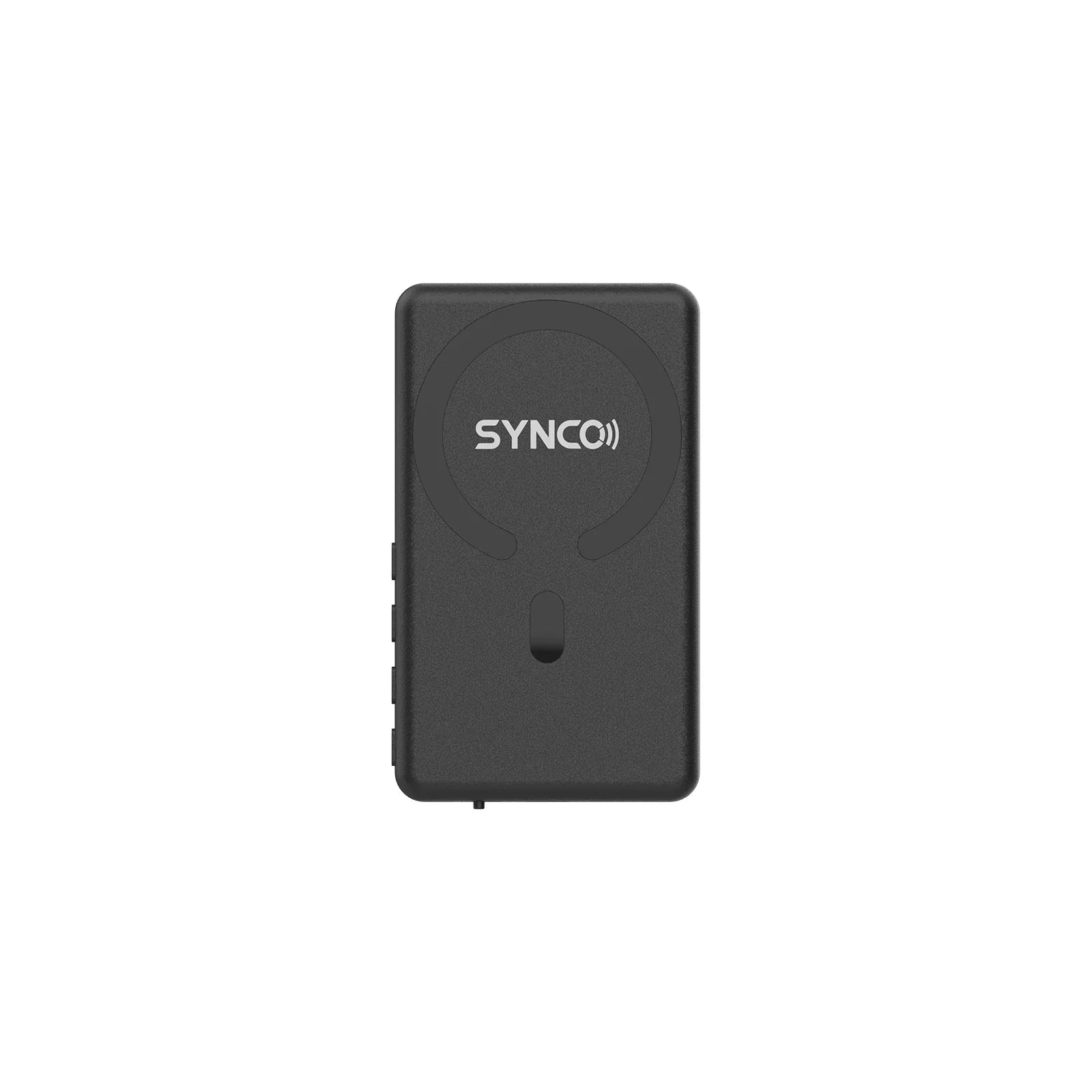 Black compact SYNCO wireless microphone receiver with side buttons on white background