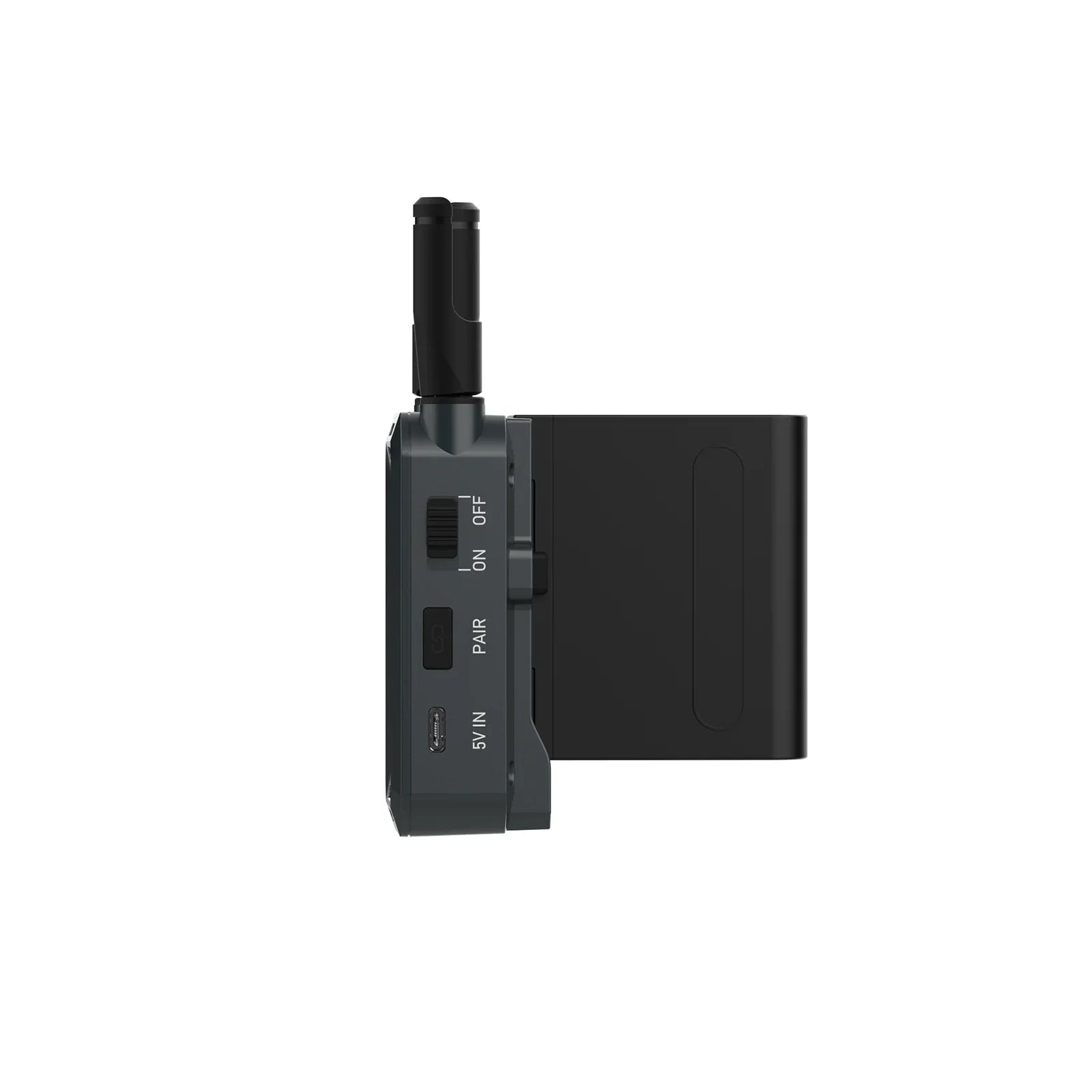 Side view of portable wireless transmitter with power switch, pair button, USB-C port, and antennas