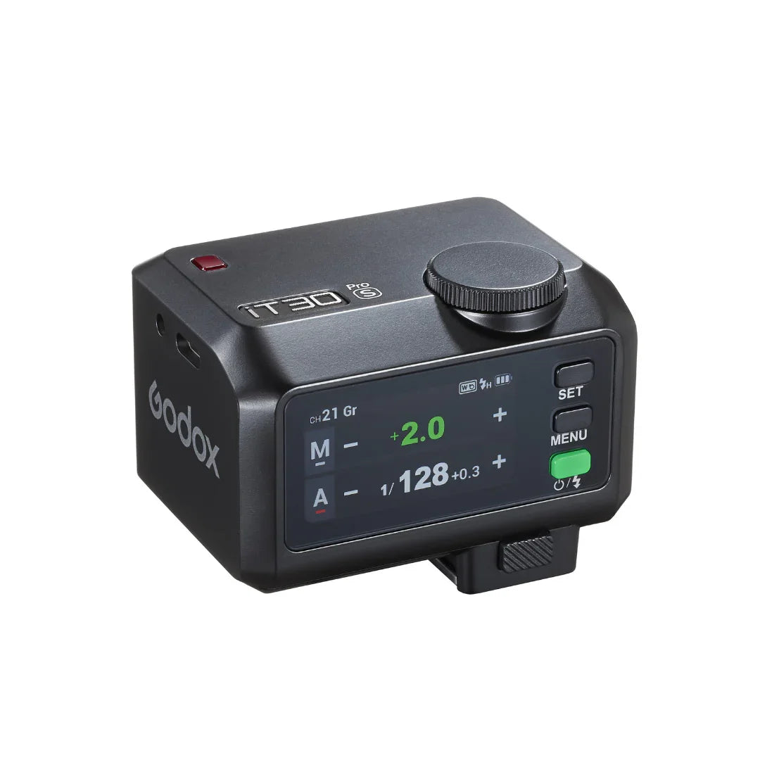Godox TT30 Pro S wireless flash trigger with LCD screen, adjustment dial, and buttons