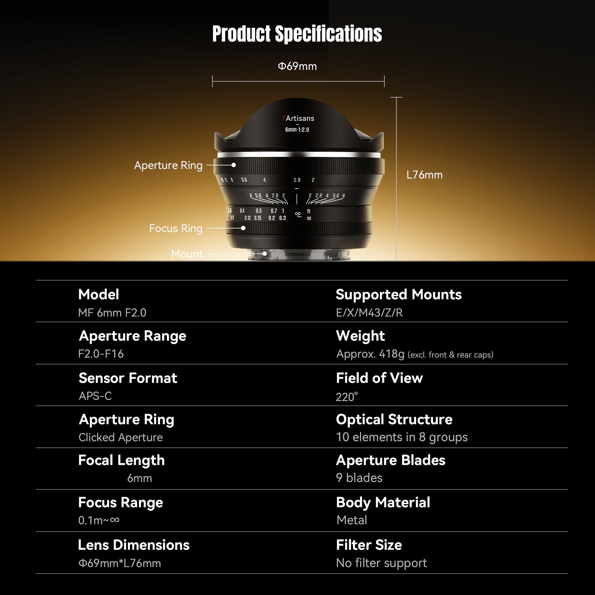 7artisans 6mm F2 APS-C Fisheye Lens