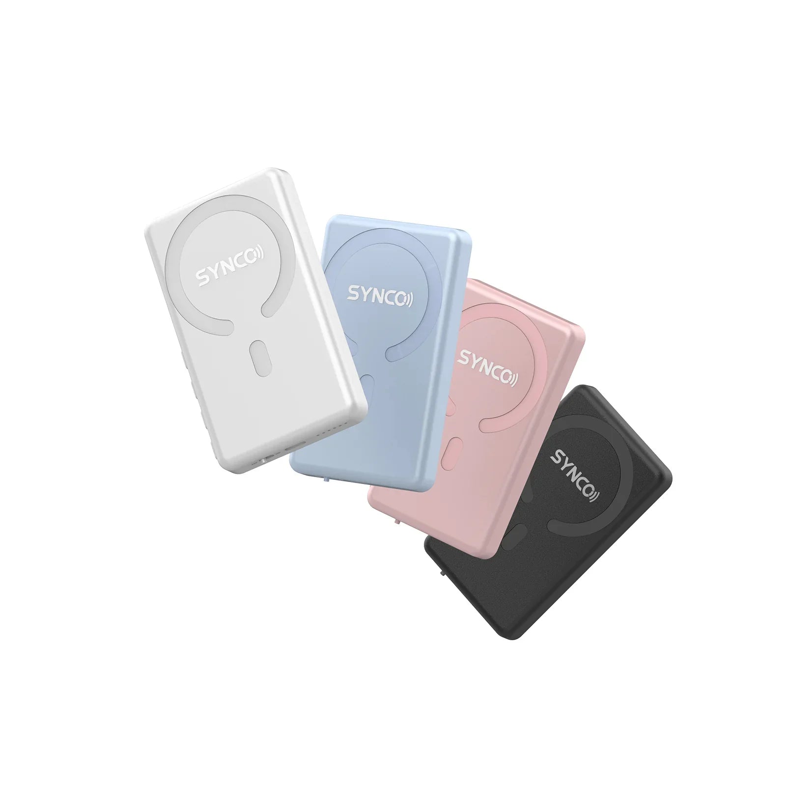 Four SYNCO wireless microphone transmitters in white, blue, pink, and black against white background