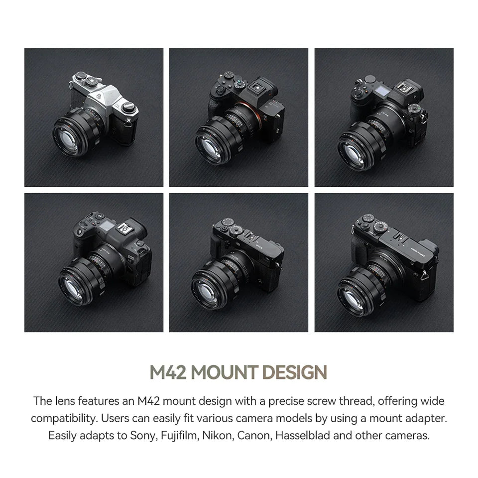 Six diverse cameras with M42 mount lenses on a black textured surface for compatibility showcase