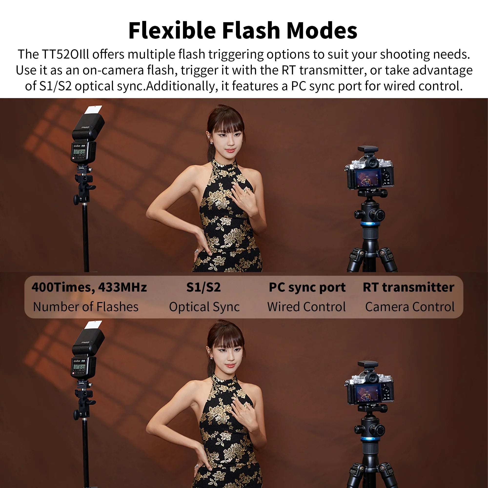 Model posing for camera setup with Godox TT520III flash light on stand against brown backdrop