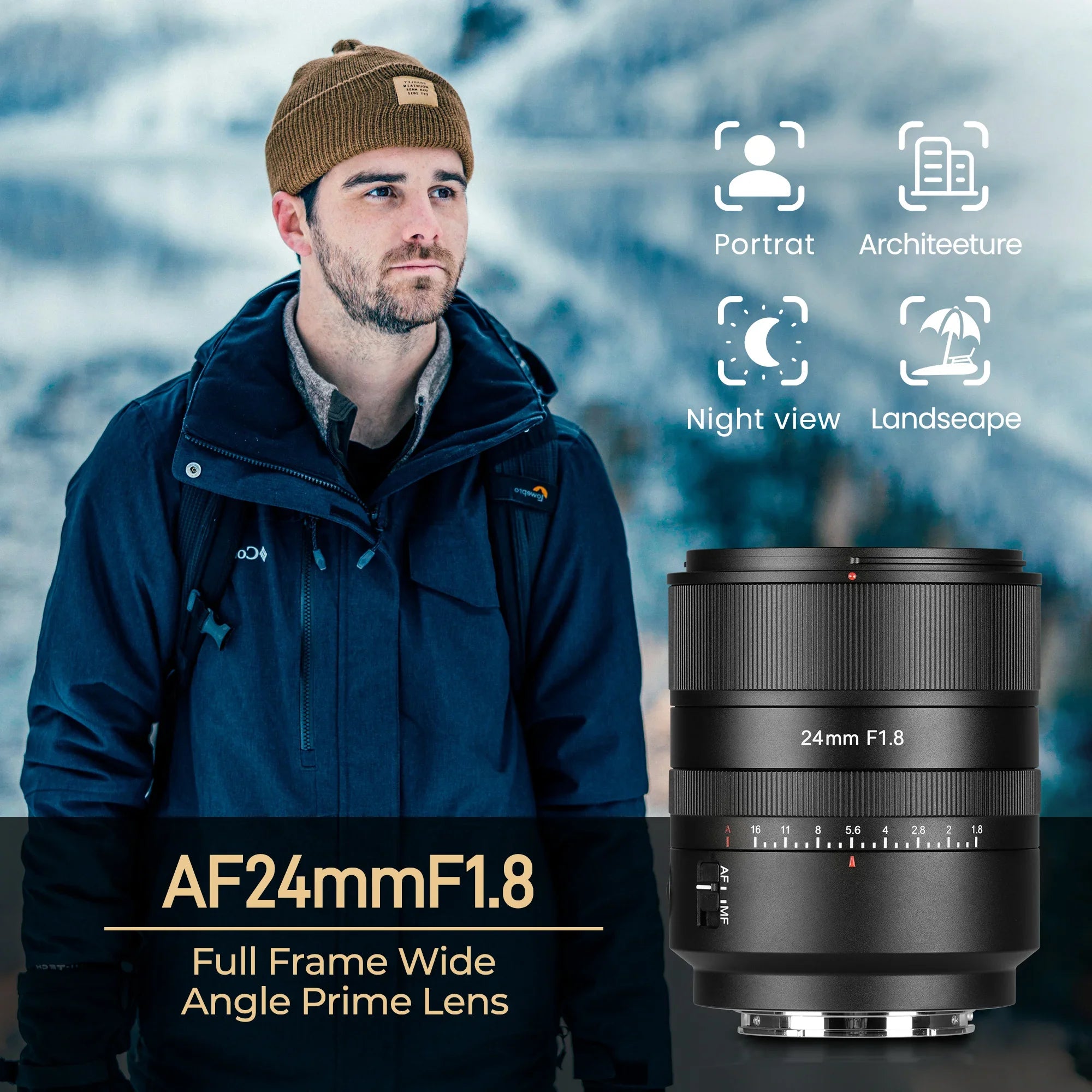 Man in winter gear outdoors with AF 24mm F1.8 full frame wide angle prime lens and photography icons