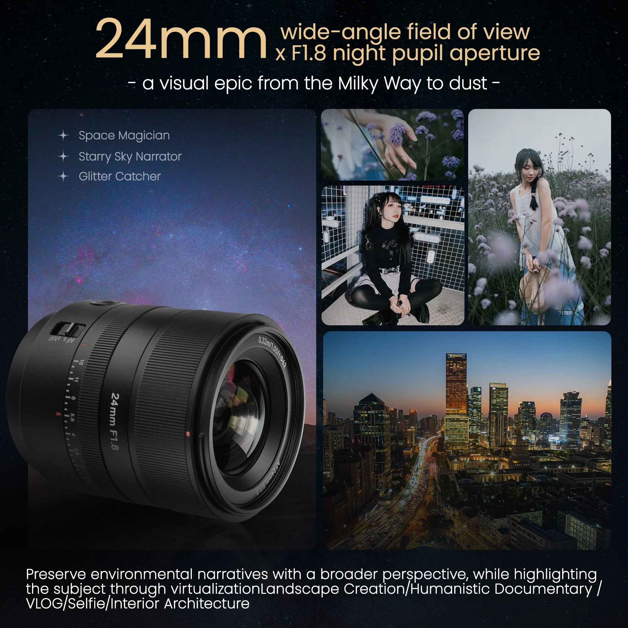 24mm F1.8 wide-angle camera lens with night sky and urban, portrait, flower photography samples