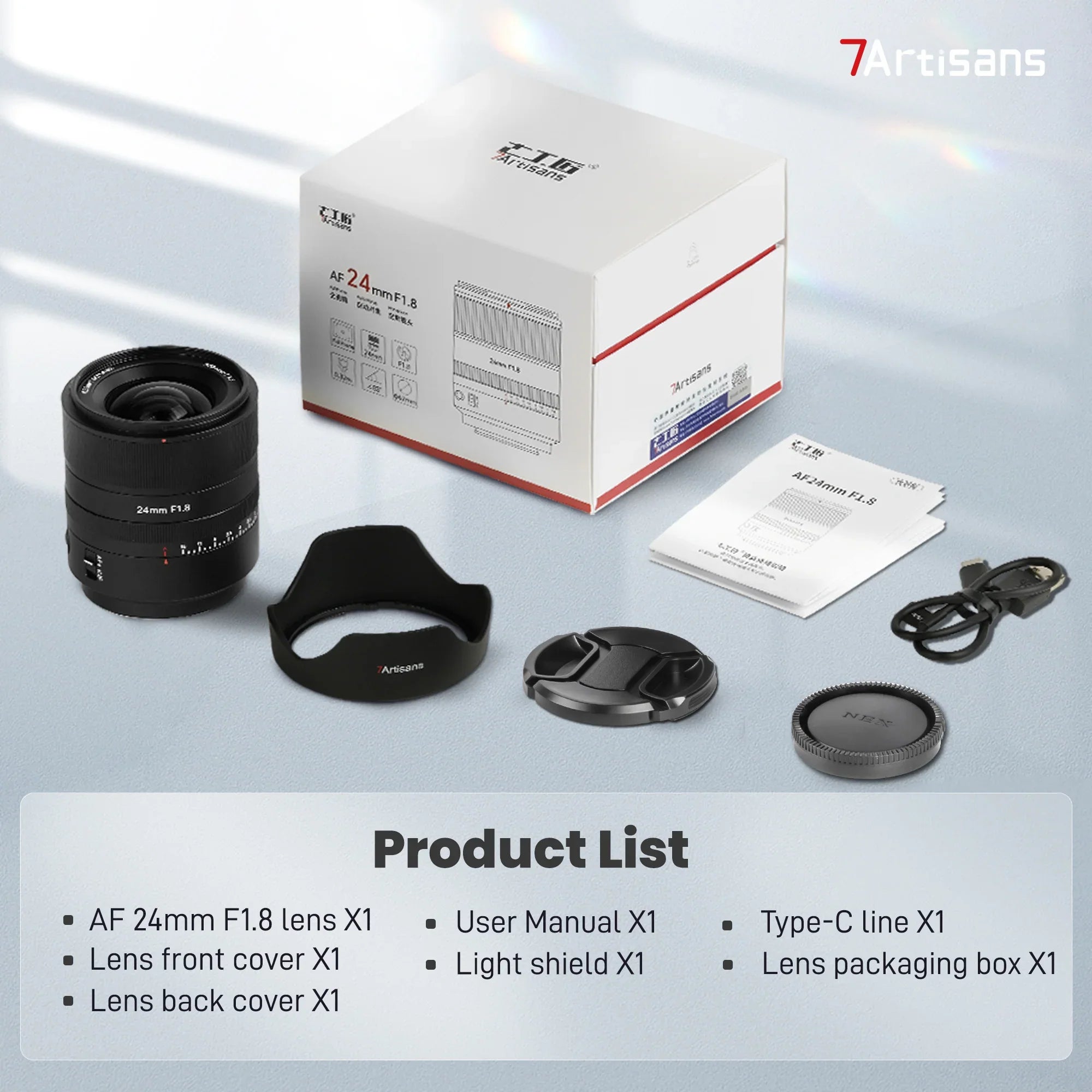 7Artisans AF 24mm F1.8 camera lens kit with lens, hood, caps, manual, USB-C cable, and packaging box