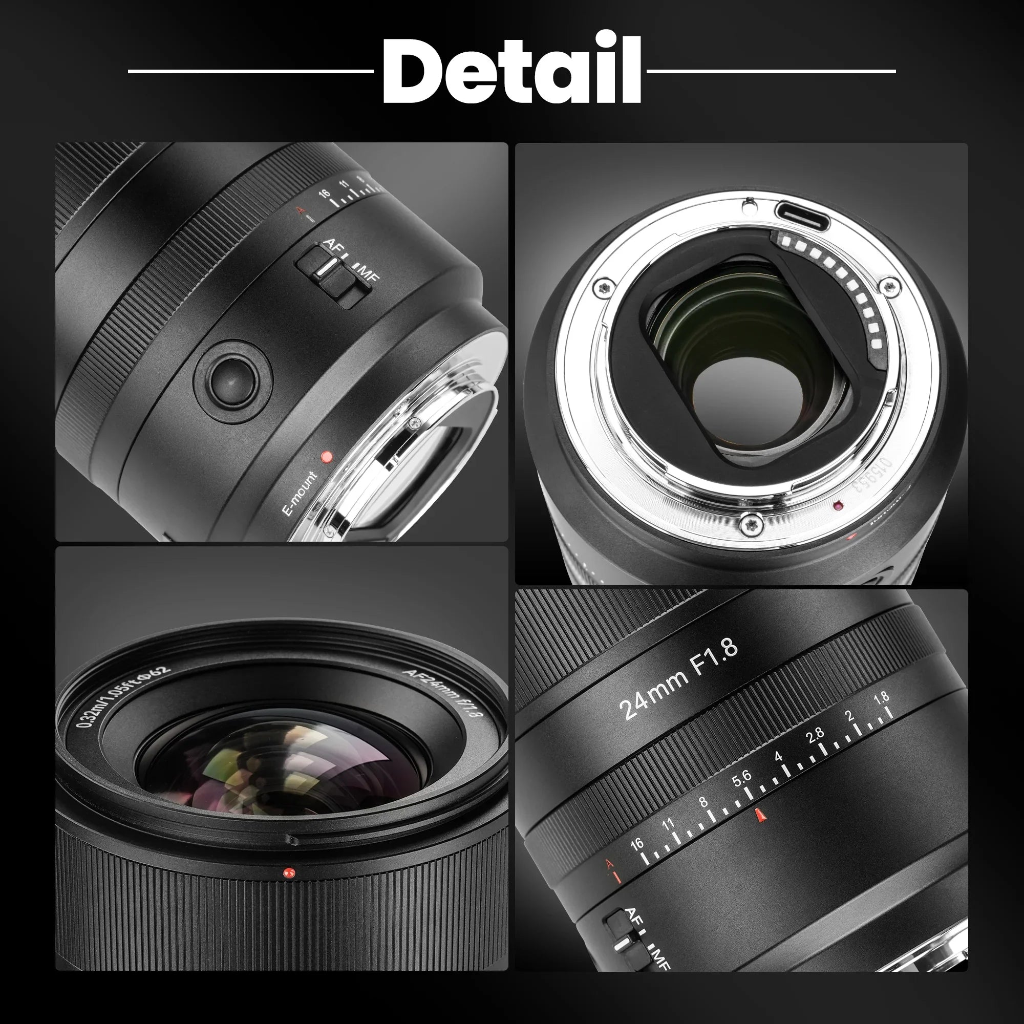 Close-up views of a 24mm F1.8 camera lens highlighting aperture ring, focus switch, lens mount, and front element