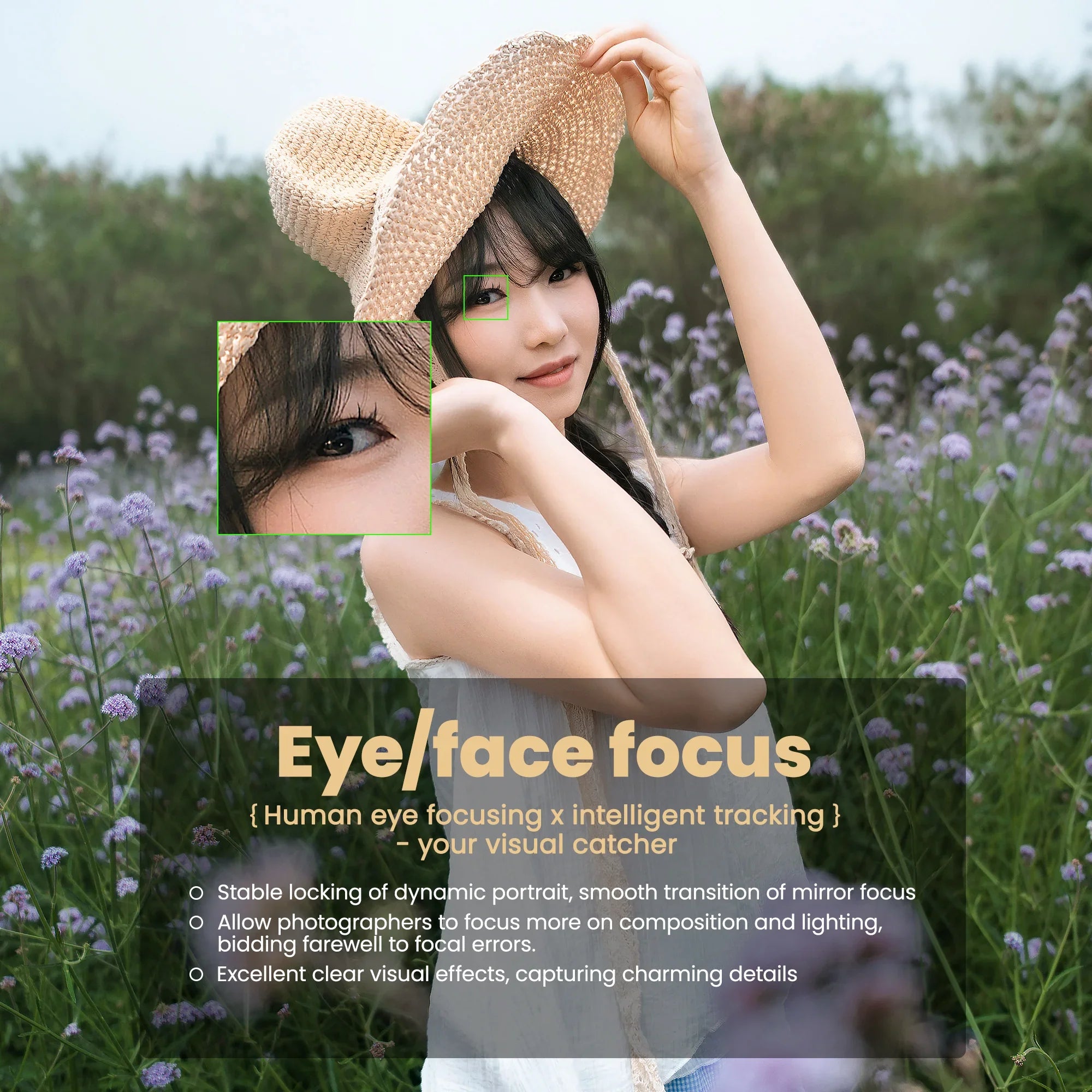 Young woman in straw hat posing in purple flower field showcasing eye focus camera feature