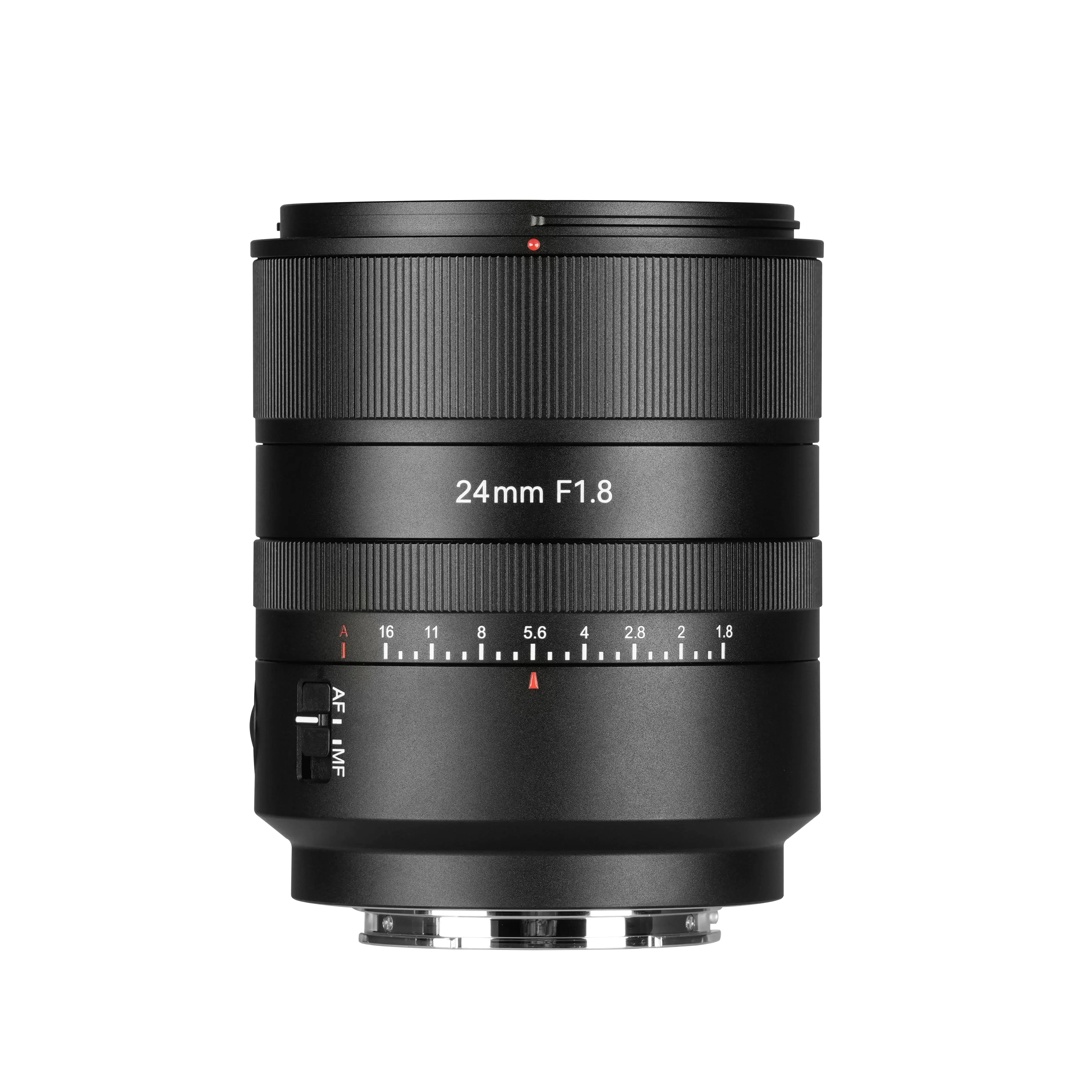 Black 24mm F1.8 camera lens with aperture and focus control rings on white background