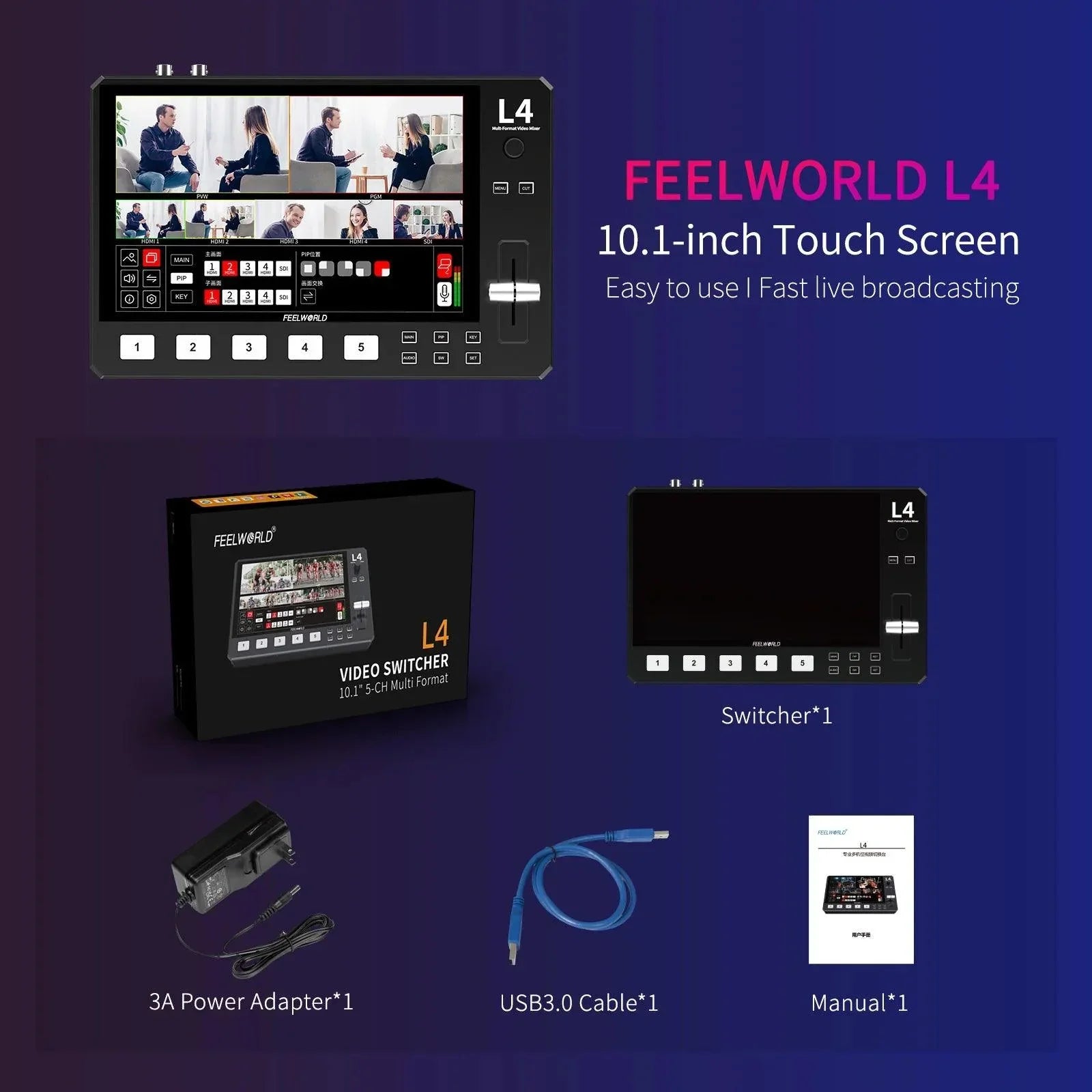 Feelworld L4 Switcher 10.1 Inch Touch Screen Multi-Camera Video Mixer Switcher - Vitopal