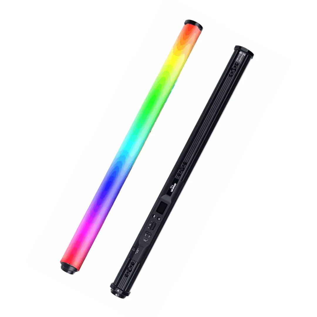 Aputure RGB LED light sticks showing colorful gradient and control panel side