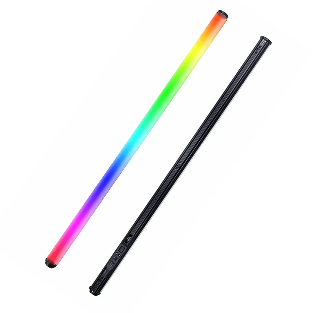Aputure T4c RGB LED light stick showing rainbow colors with black control stick on white background