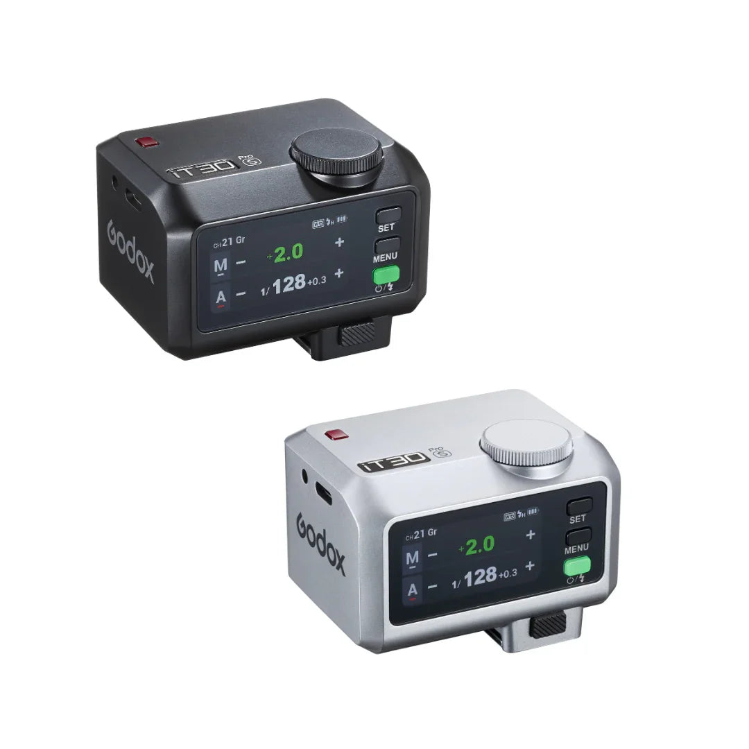 Godox IT30 Pro camera flash trigger in black and silver with LCD screens and control buttons