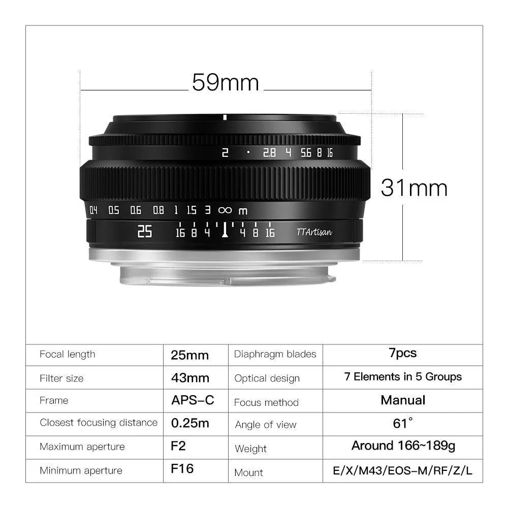 TTArtisan 25mm F2 Wide Angle APS-C Lens - Vitopal
