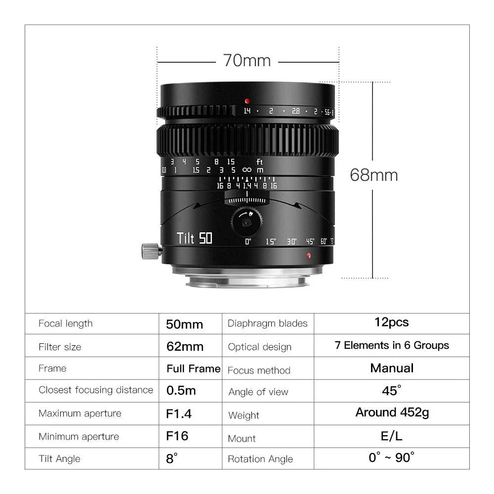 TTArtisan Tilt 50mm F1.4 Large Aperture Full Frame Lens - Vitopal