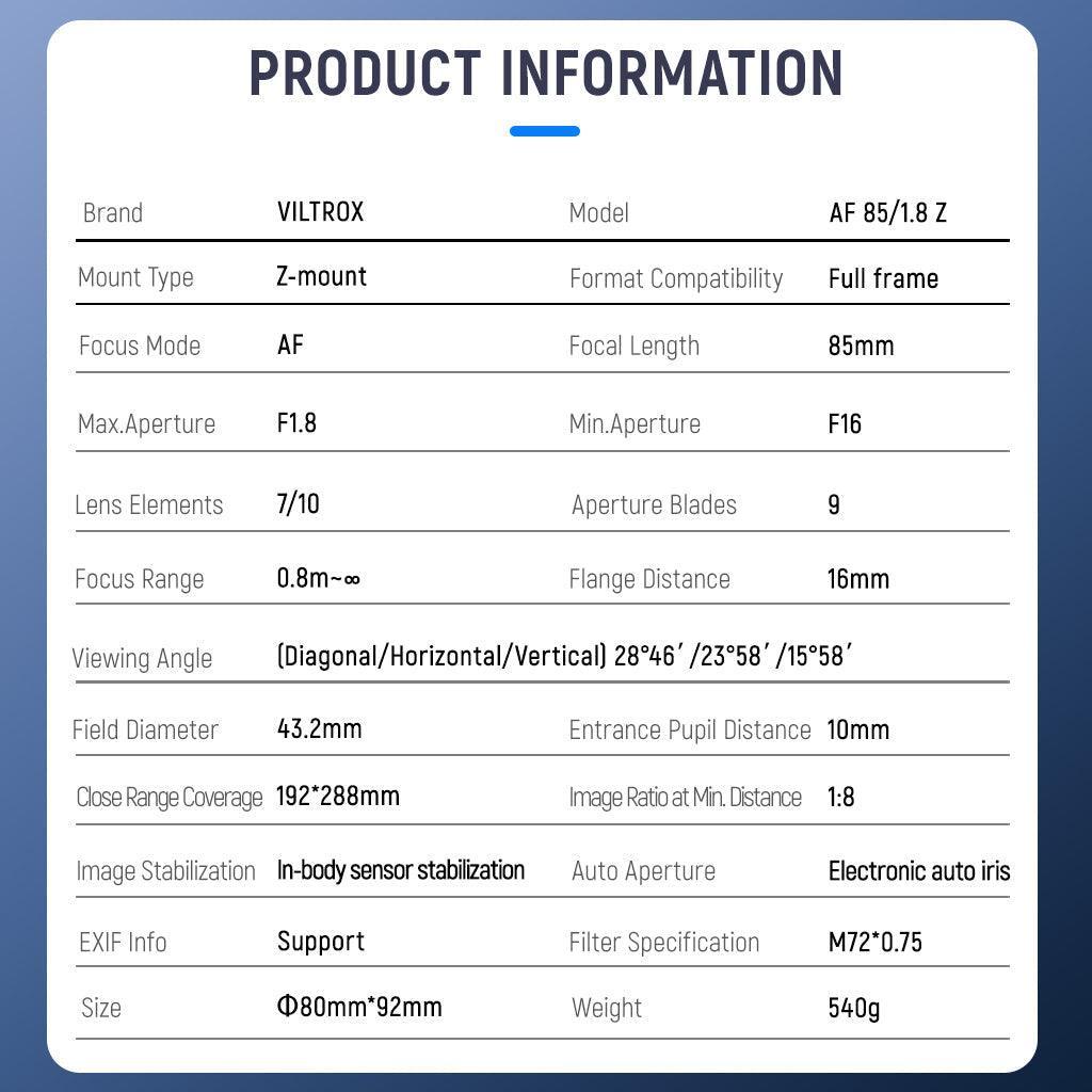 Viltrox AF 85mm F1.8 Full Frame Lens for Nikon Z Mirrorless Camera - Vitopal