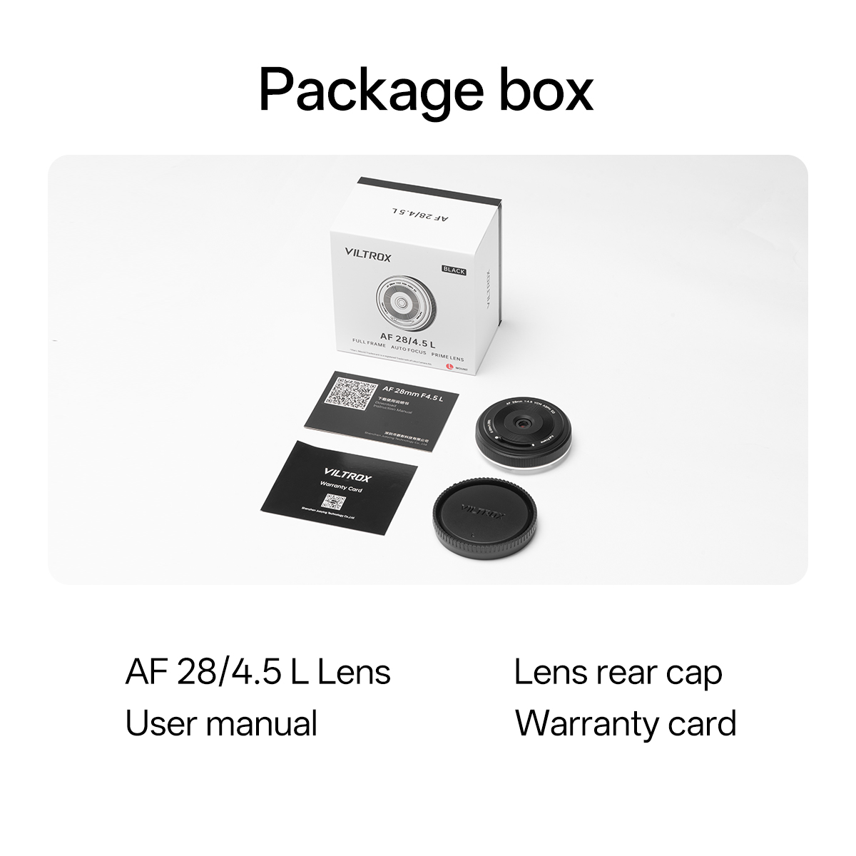 Viltrox AF 28/4.5 L lens package with accessories