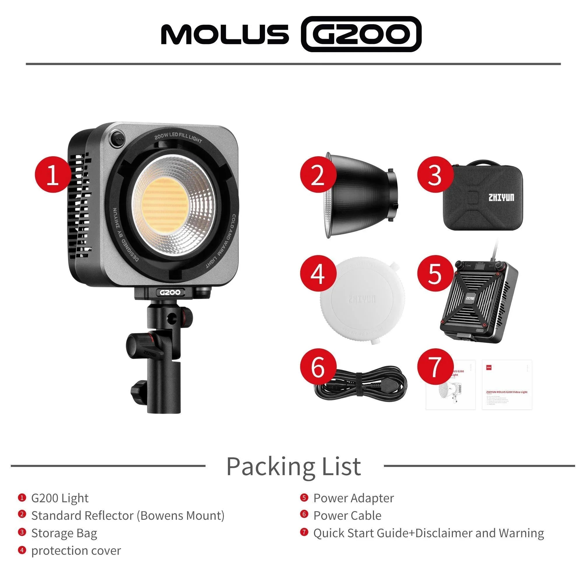 ZHIYUN MOLUS G200 COB Video Light Bowens Mount Camera Light - Vitopal